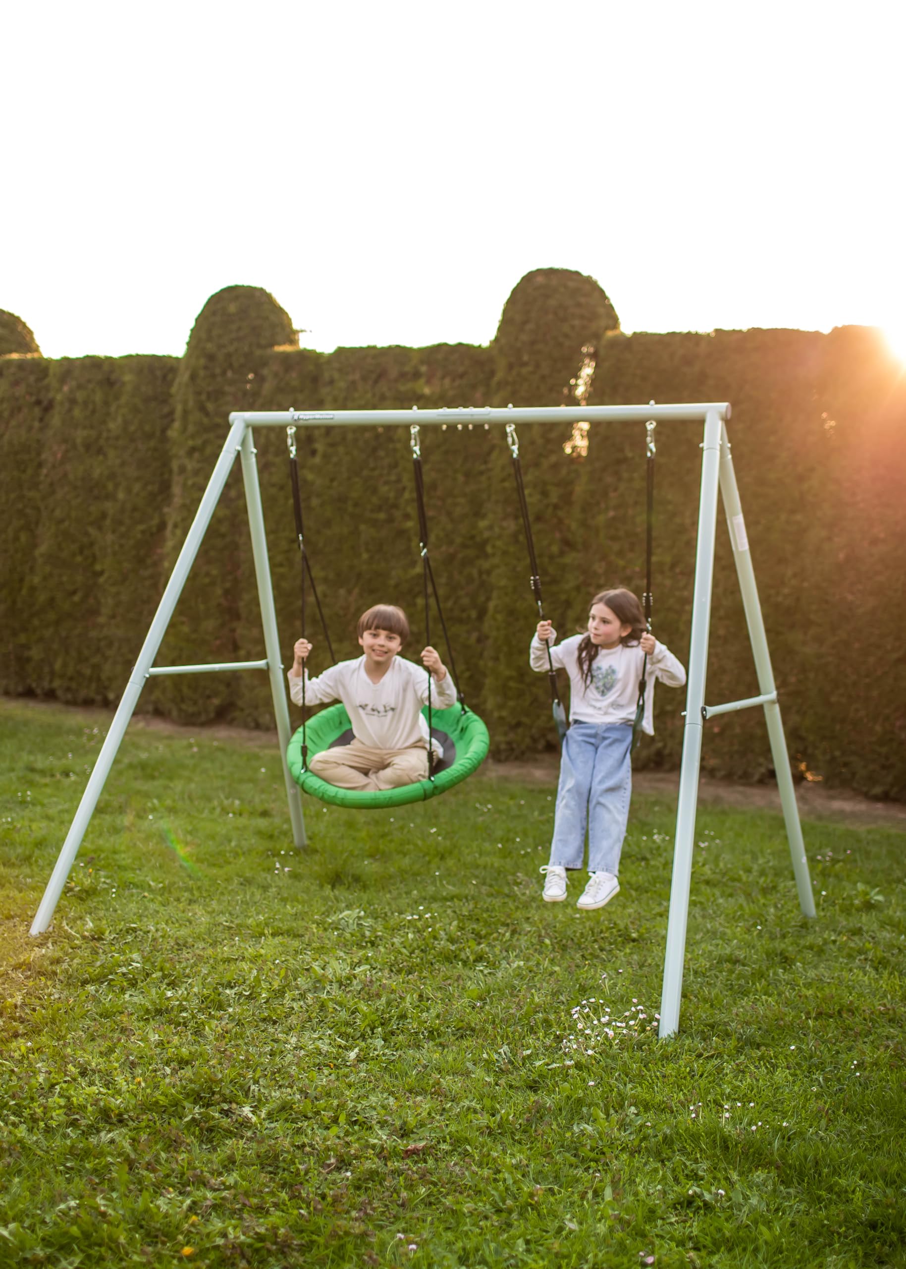 HyperMotion Columpio Infantil Doble para Jardín Exterior - Asiento y Nido de Cigüeña Ajustable con Estructura en A - para 2-3 Niños, Carga 200kg, Resistente UV