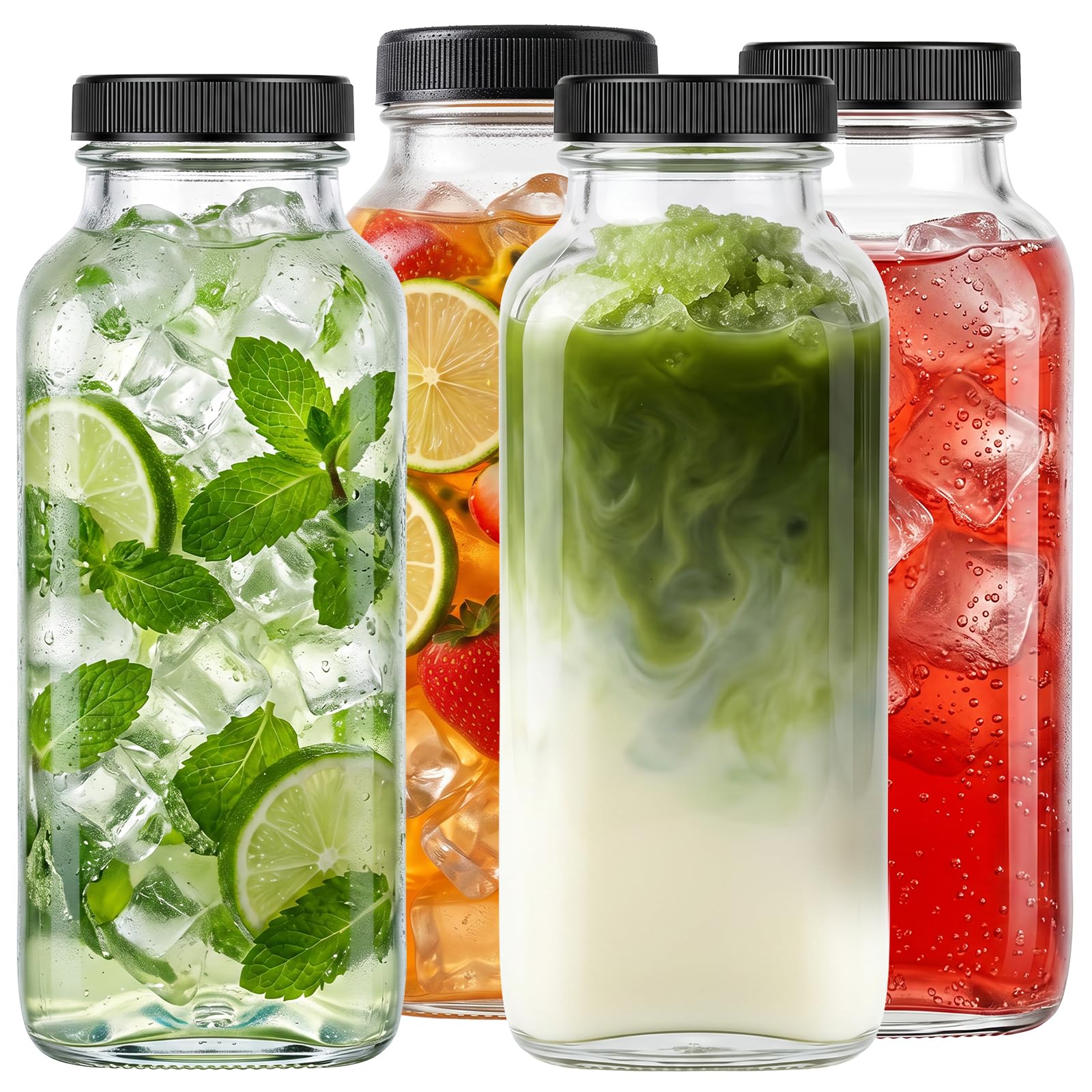 DMOPRDNB 4 Pack Glass Juice Bottles with Lids, 400ml Wide Mouth Clear Square Bottles, BPA Free Leak Proof Reusable Beverage Containers for Homemade Juice, Milk, Smoothie, Iced Coffee & Storage