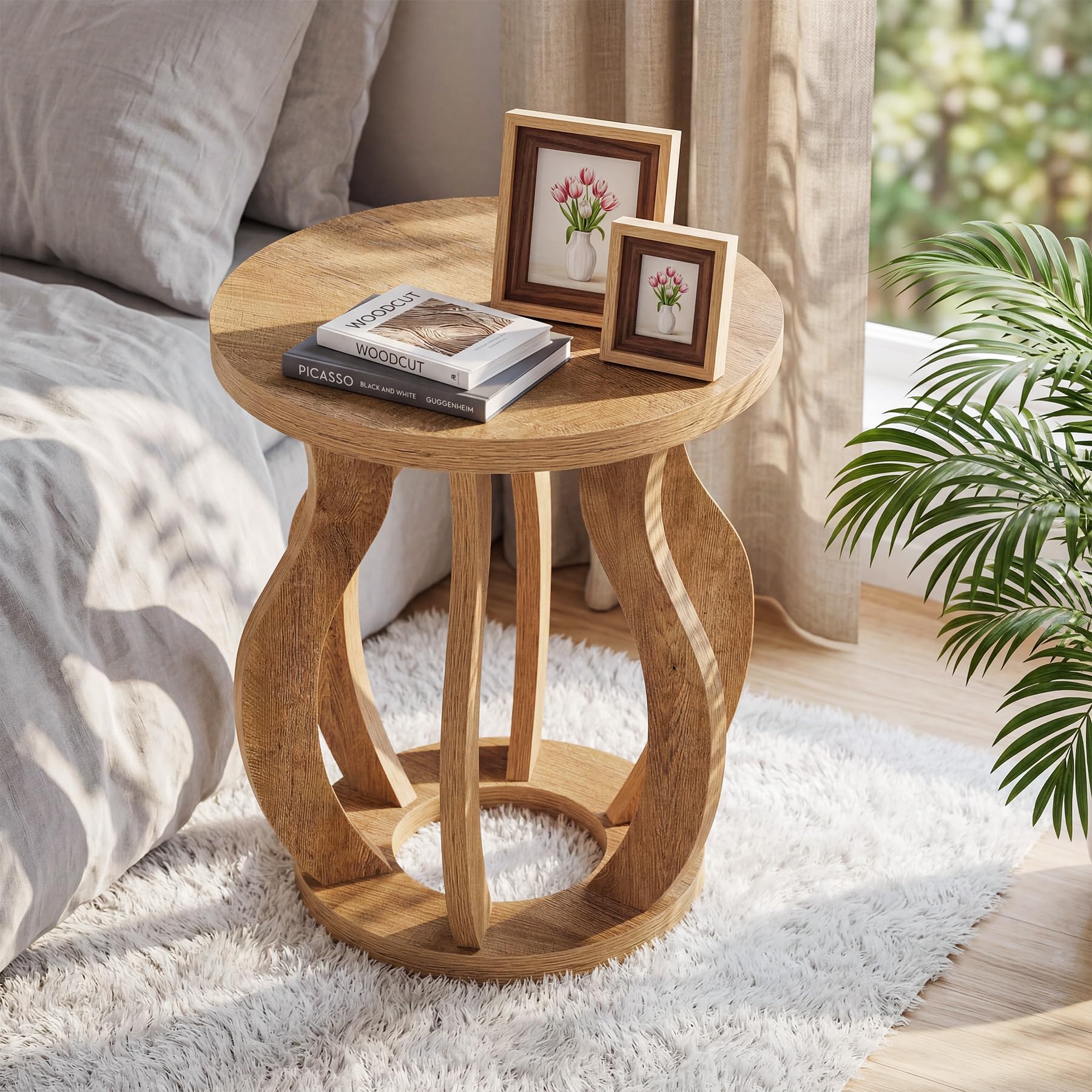 Tribesigns Round End Side Table: Farmhouse Wooden Side Table for Living Room, Bedside Nightstand with Curved Frame, Accent Nightstand for Bedroom, Small Spaces, Brown(1PC)