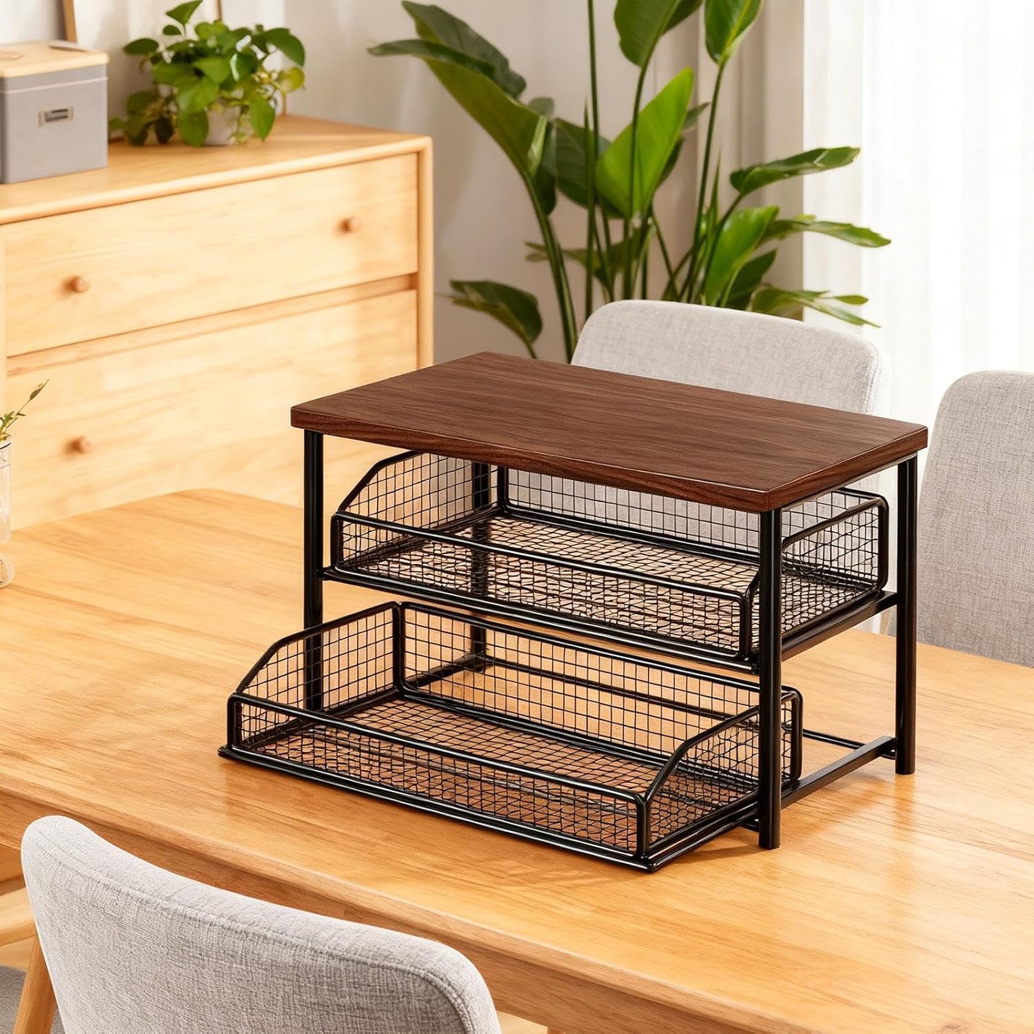 Coffee Organizer Station, Wooden Kitchen Counter Shelf with Drawer Bar Accessories Coffee Counter Shelf 2 Tier, for Cabinet, Black