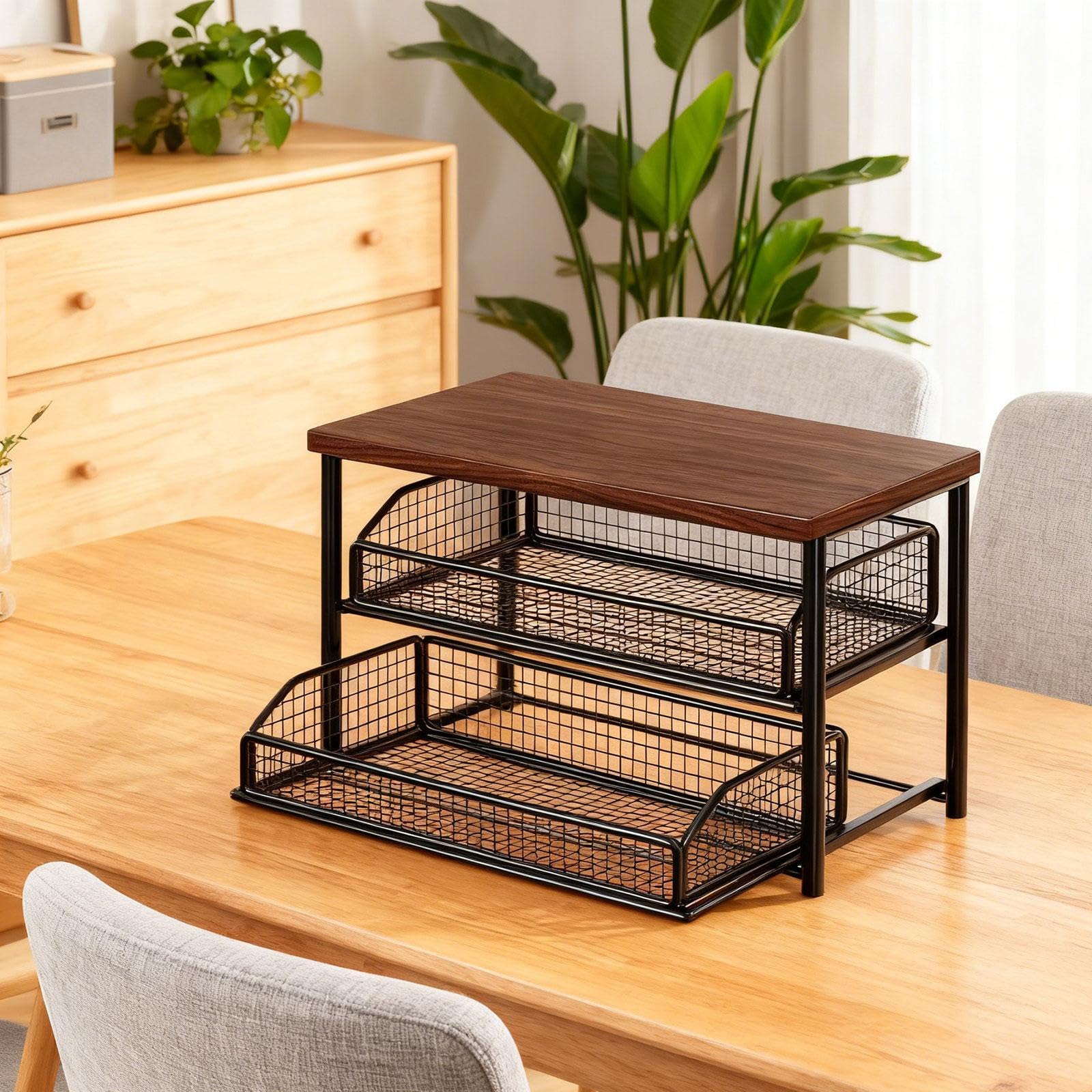 Kaffee Station Organizer Regal mit Schublade Zweistufige Ablage Aus Eisen Und Holz Ideal Zur Aufbewahrung von Tassen Und Zutaten für Küche Kaffeebar V, Schwarz