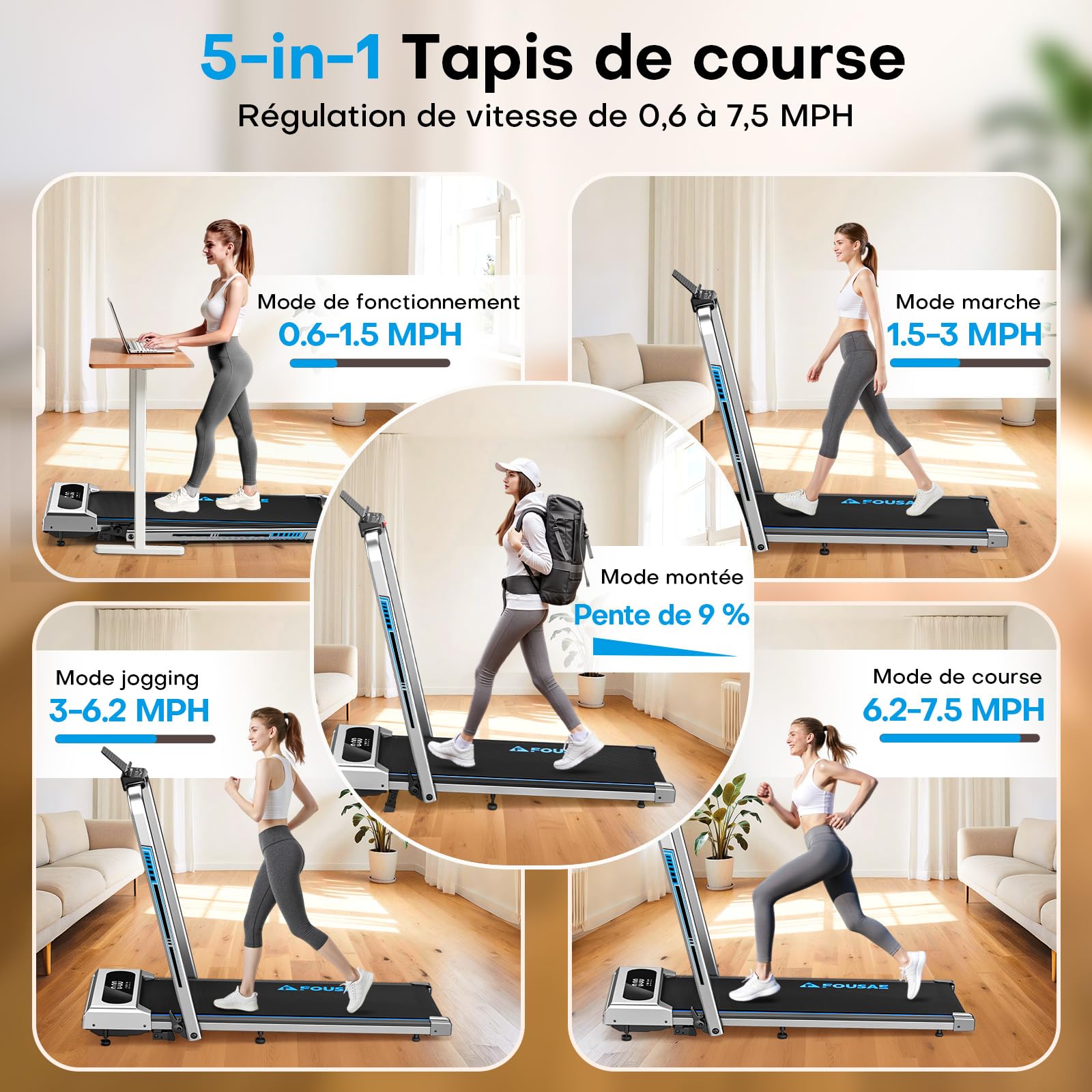 Tapis de Course Pliable FOUSAE 12 Programmes HIIT Inclinable 9% 12 KM/H Moteur 2,75 CV Charge 158kg