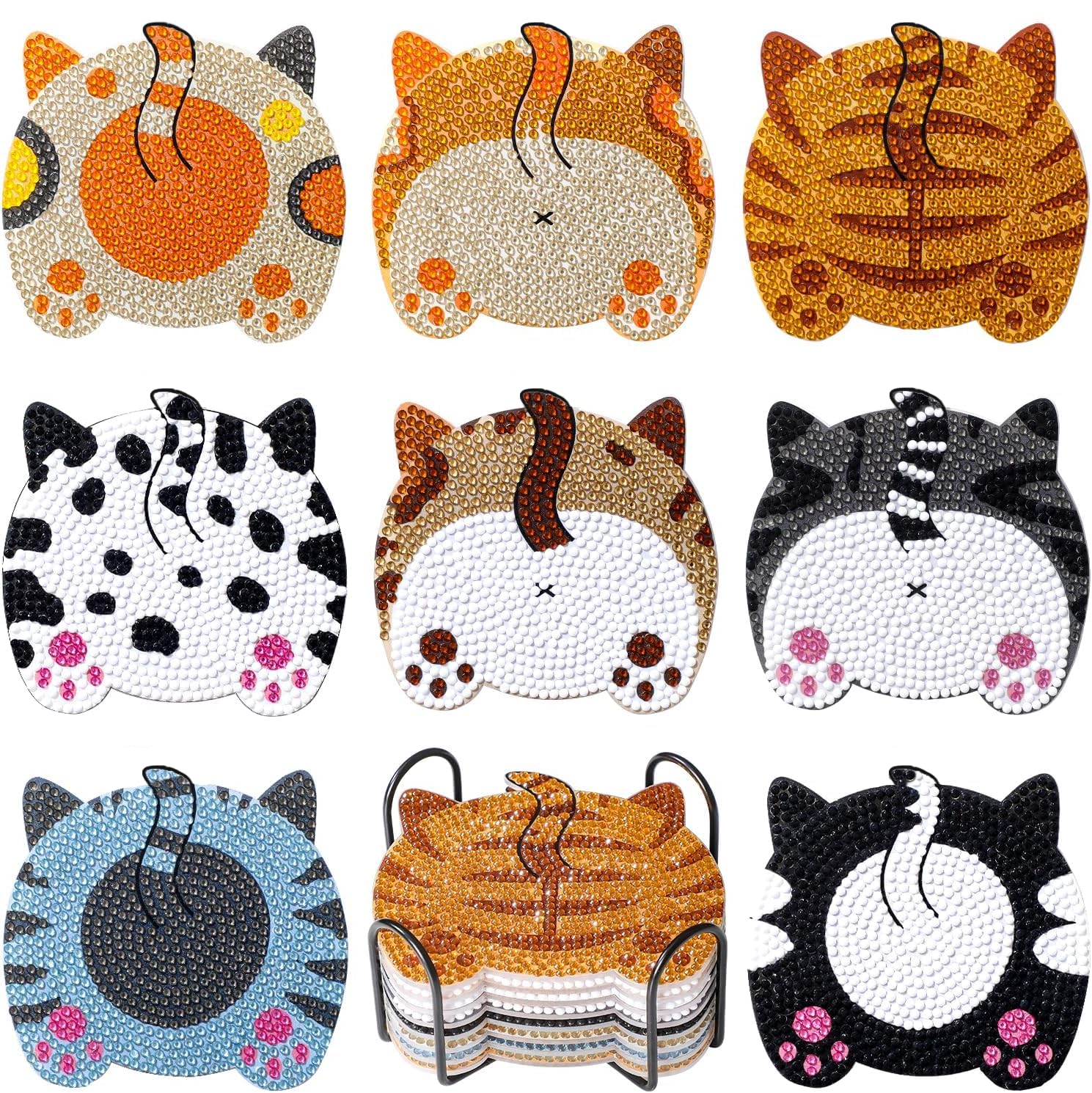 Diamond Art Painting Coasters Kits, 8Pcs Cat Butt Coaster with Holder for Adults, Non-Slip DIY Dot Paint Craft Kits, Funny Cat Lover Gifts for Women