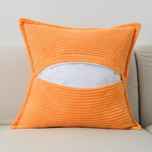 Miniatura 3 de HAUSSY Juego de 2 fundas de almohada naranjas de 20 x 20 pulgadas, pana suave y sólida a rayasborde ancho, fundas de cojín cuadradas decorativas,