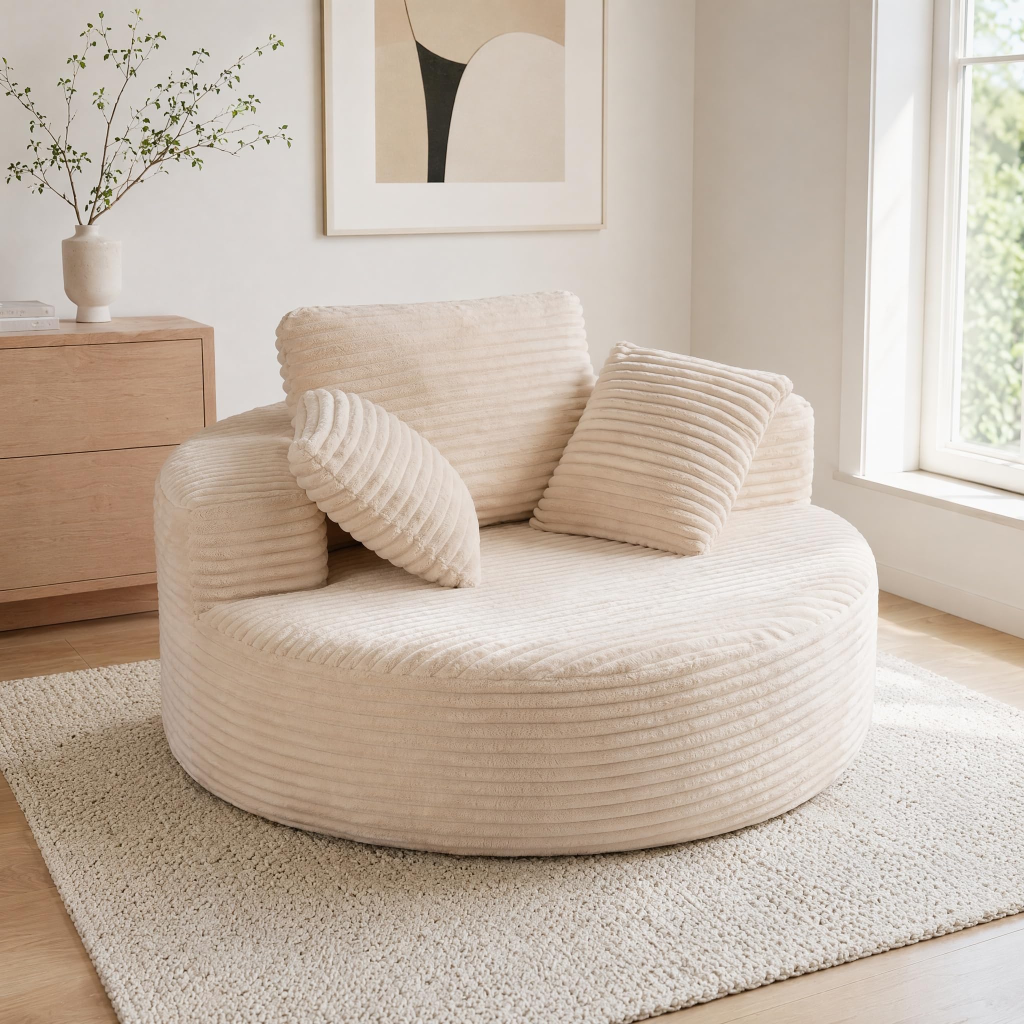 Photo 1 of **DIRTY** Trygoal 55" Oversized Boneless Round Couch for Living Room, Corduroy Cloud Circle Sofa with 3 Pillows, High-Density Foam Chaise Lounge Chair for Apartment & Office, No Assembly Required, Beige