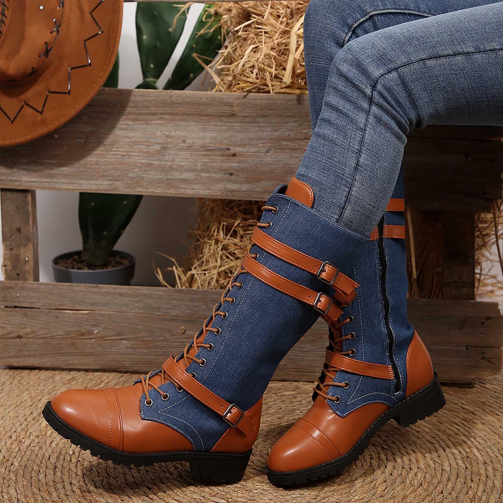 Generisch Stivali da equitazione invernali Stivaletti alla moda in pelle scamosciata e camoscio per l'inverno con allacciatura e suola comoda e spessa