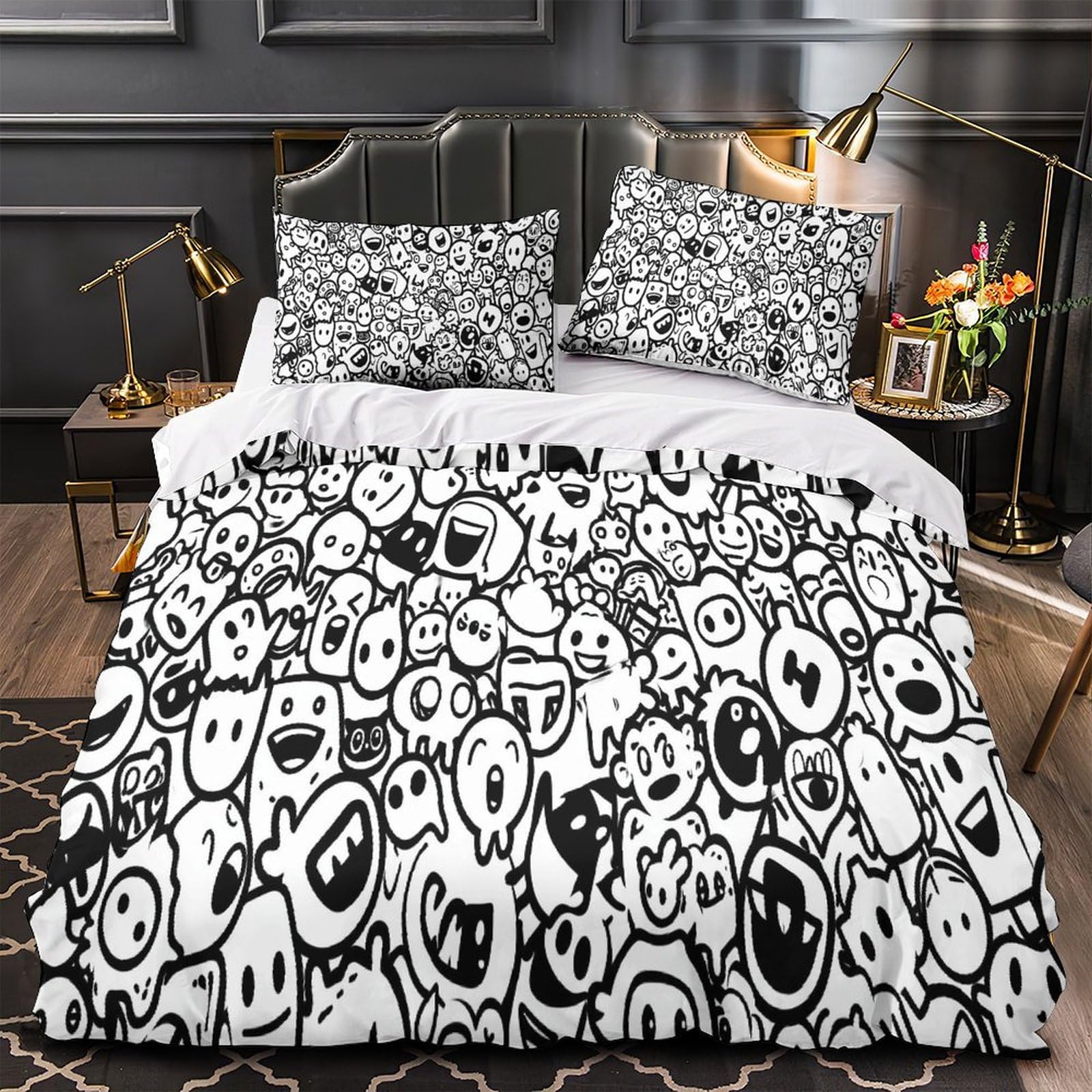 Housse de couette 200x200 géométrie 3D noir et blanc en microfibre avec taies