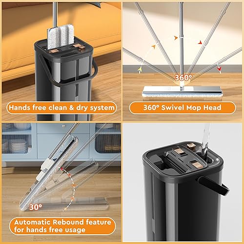 Miniatura 5 de Separa el trapeador de agua sucia, la fregona plana y el cubo para el hogar con 4 recambios adicionales, trapeador de acero inoxidable y cubo con