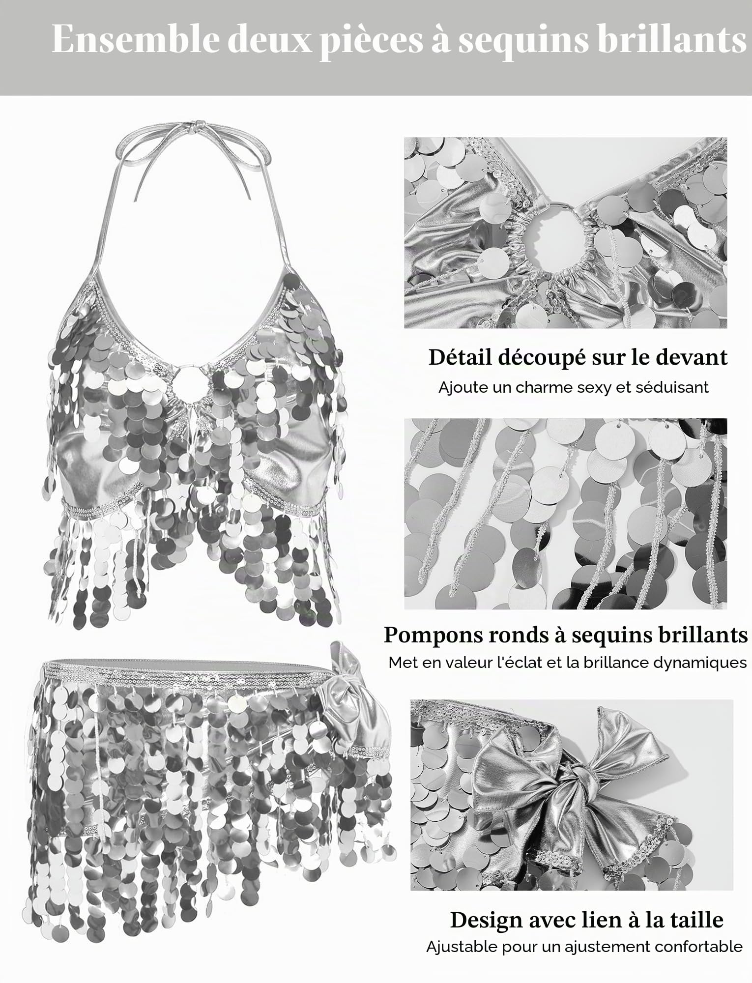 SEAUR Ensemble 2 pièces avec jupe à franges à paillettes pour femme - Tenue de danse du ventre réglable à lacets dans le dos - Écharpe de hanche pour carnaval, festival, fête, performance sur scène