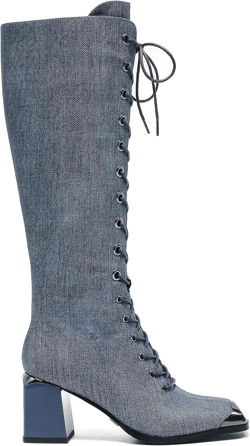 Ninety Union Fuji Women’s Knee-High Boots - Croc Print and Lace-Up Front 2.75" Chunky Block Heel Boots (BLACK, 4)