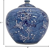 Vista 5 de Galt International 8" Blue & White Floral Crane Chinoiserie Jar w/Lid Decorative Ginger Jar Centerpiece Tea Storage Candy Jar Home Decor Vase Grúa