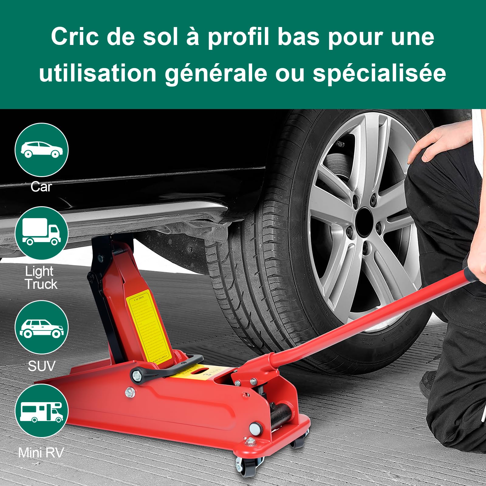 HYCHIKA Cric Hydraulique 3T Professionnel, Cric Voiture avec Roue Pivotante 360°, Levage 135-370mm pour Changement de Pneus (Voiture, SUV)