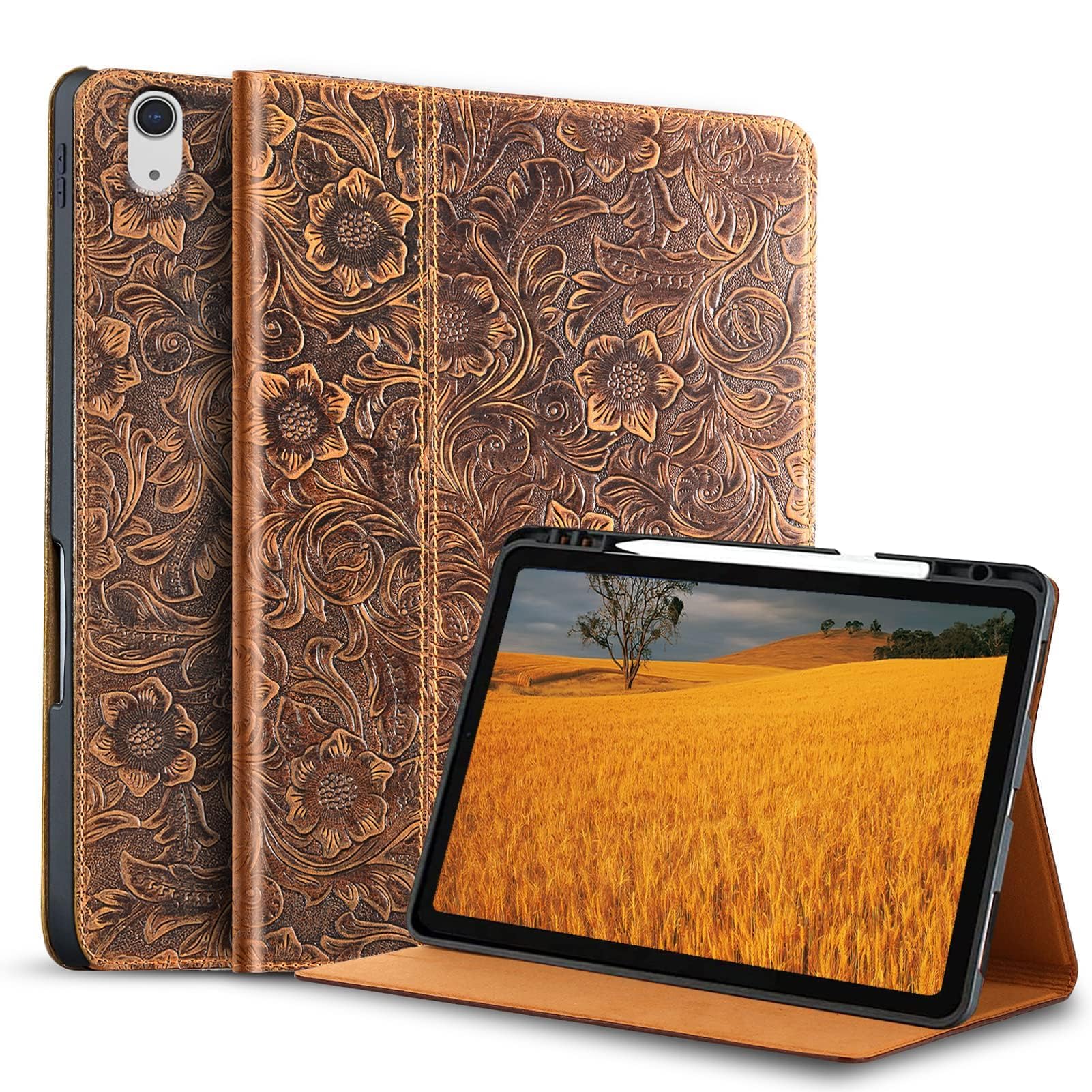 Gexmil Leder Hülle für iPad (A16) 11. Generation 11 Zoll 2025, iPad 10. Generation 10,9 Zoll 2022, Echt Leder Cover mit Stifhalter,Stoßfest,Automatischer Schlaf/Aufwachen,Blume Braun