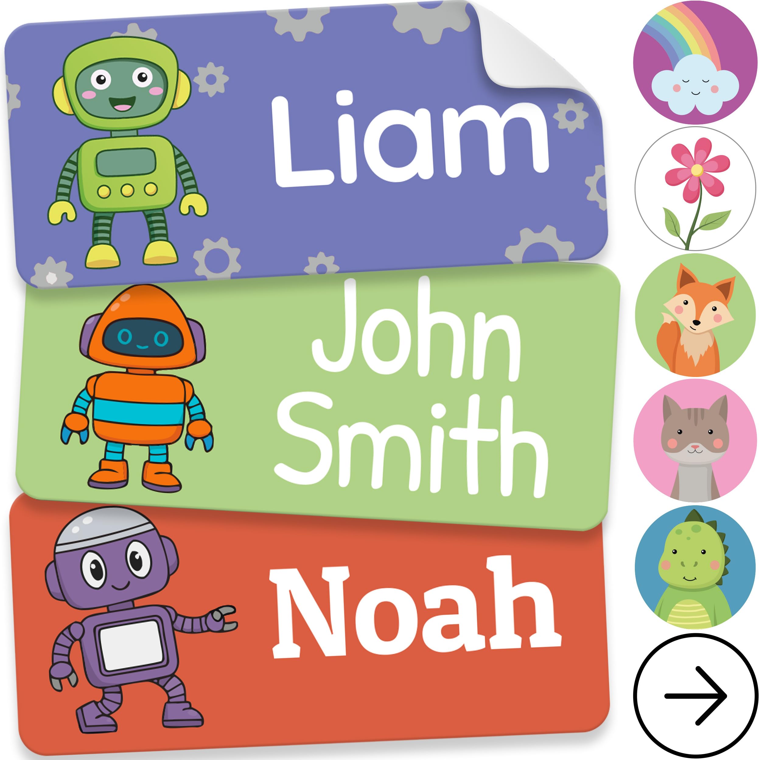 Personalized Name Labels for Kids (140 Labels) - Durable &amp; Waterproof Custom Name Stickers for Clothing Tags, School Supplies, Camp &amp; Daycare - Robots (1.2”x0.5”)