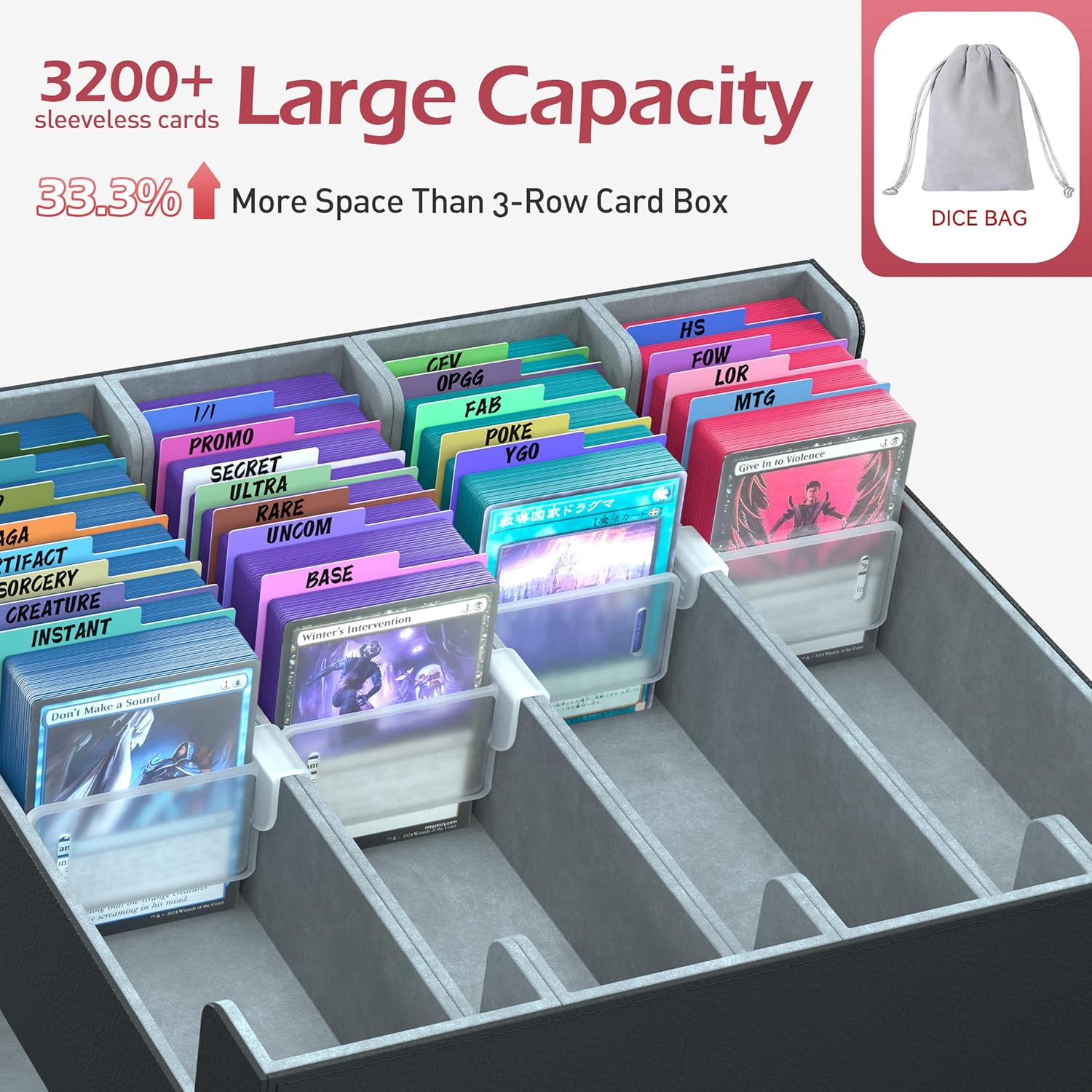 4-Row【3200+】 Trading Card Storage Box, Card Organizer Holder with 24 Dividers, Case Fit for MTG TCG Magic Commander Deck Playing Cards, Deck Box for Sport Card