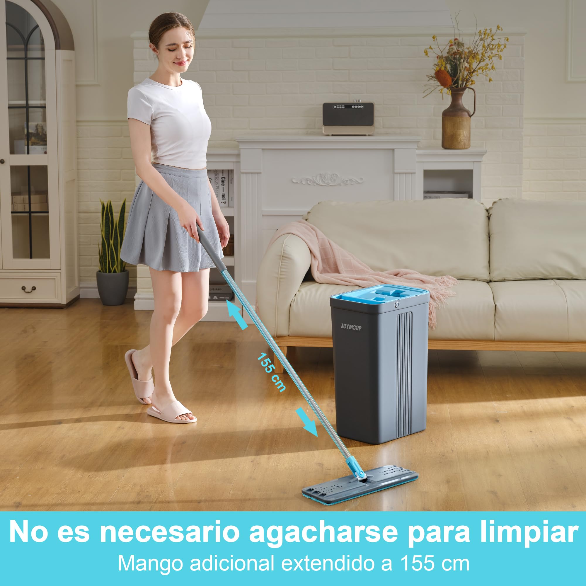 JOYMOOP Juego de fregona y Cubo con escurridor, fregonas para Limpieza de Suelos, Limpiador de fregona de Pared con Mango Largo, con 6 Almohadillas de Microfibra Reutilizables, Gris y Azul Cian