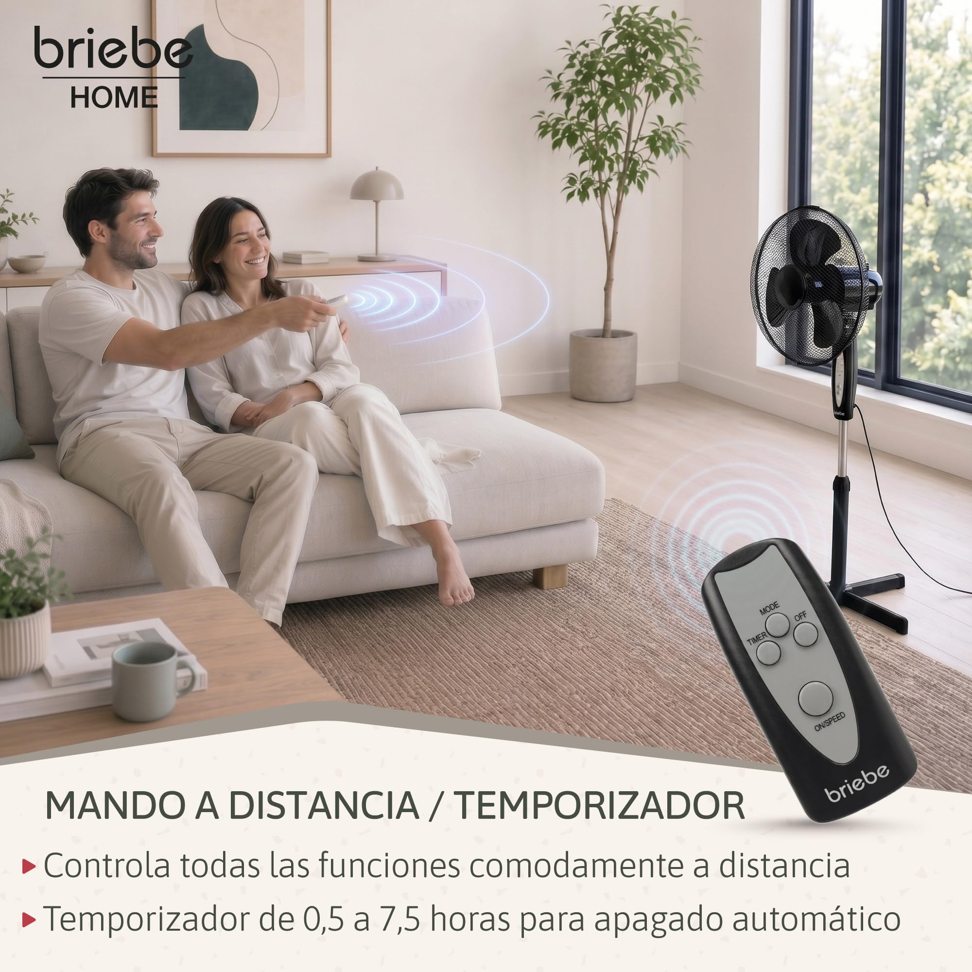 briebe Ventilador de Pie Silencioso con Mando a Distancia, 40cm, Temporizador, Oscilante, 3 Modos Funcionamiento, 3 Velocidades, Regulable Altura 100-125cm, Negro