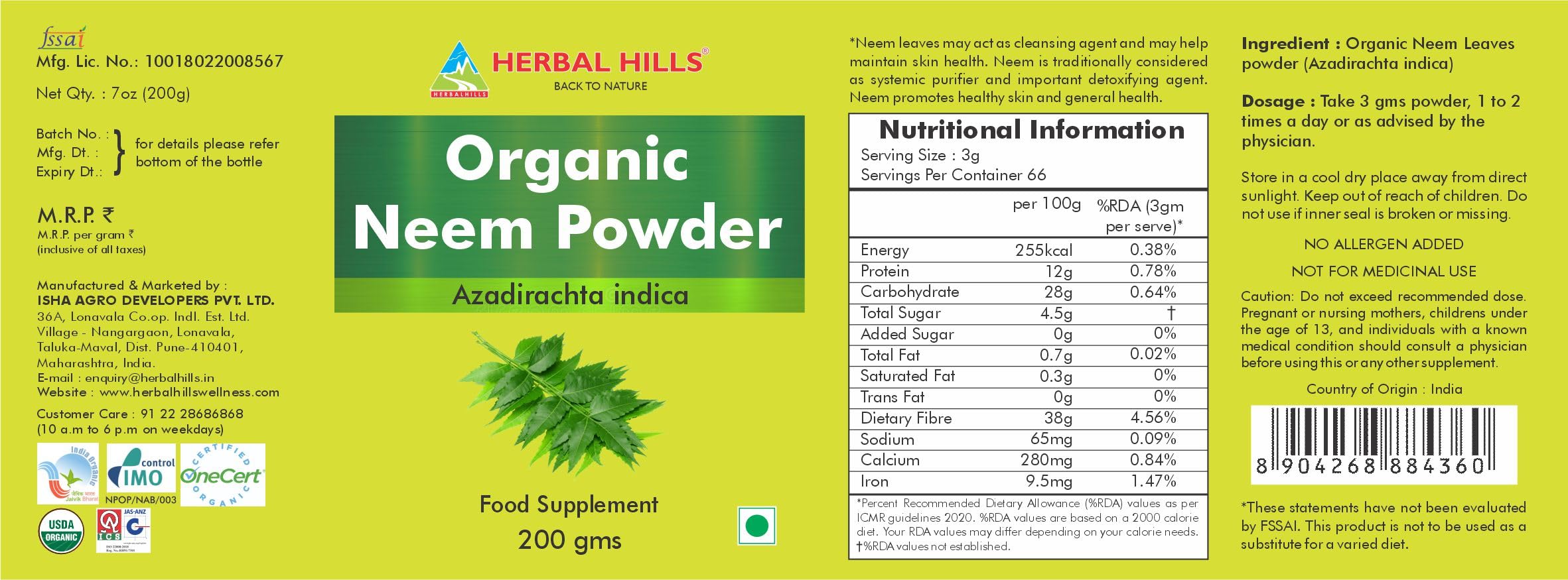Herbal Hills Organic Neem Powder 200 Gram Pack of 1 3