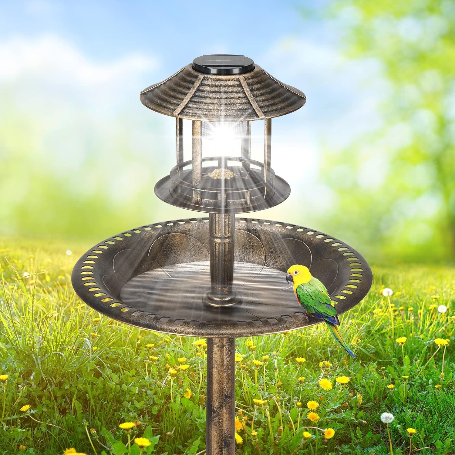 Vogeltränke Stehend, vogeltränke mit Solarleuchte, Vogelbad aus Kunststoff mit Blumenkübel & befüllbarem Ständer, Wildvogeltränke für Garten, Balkon, Bronze