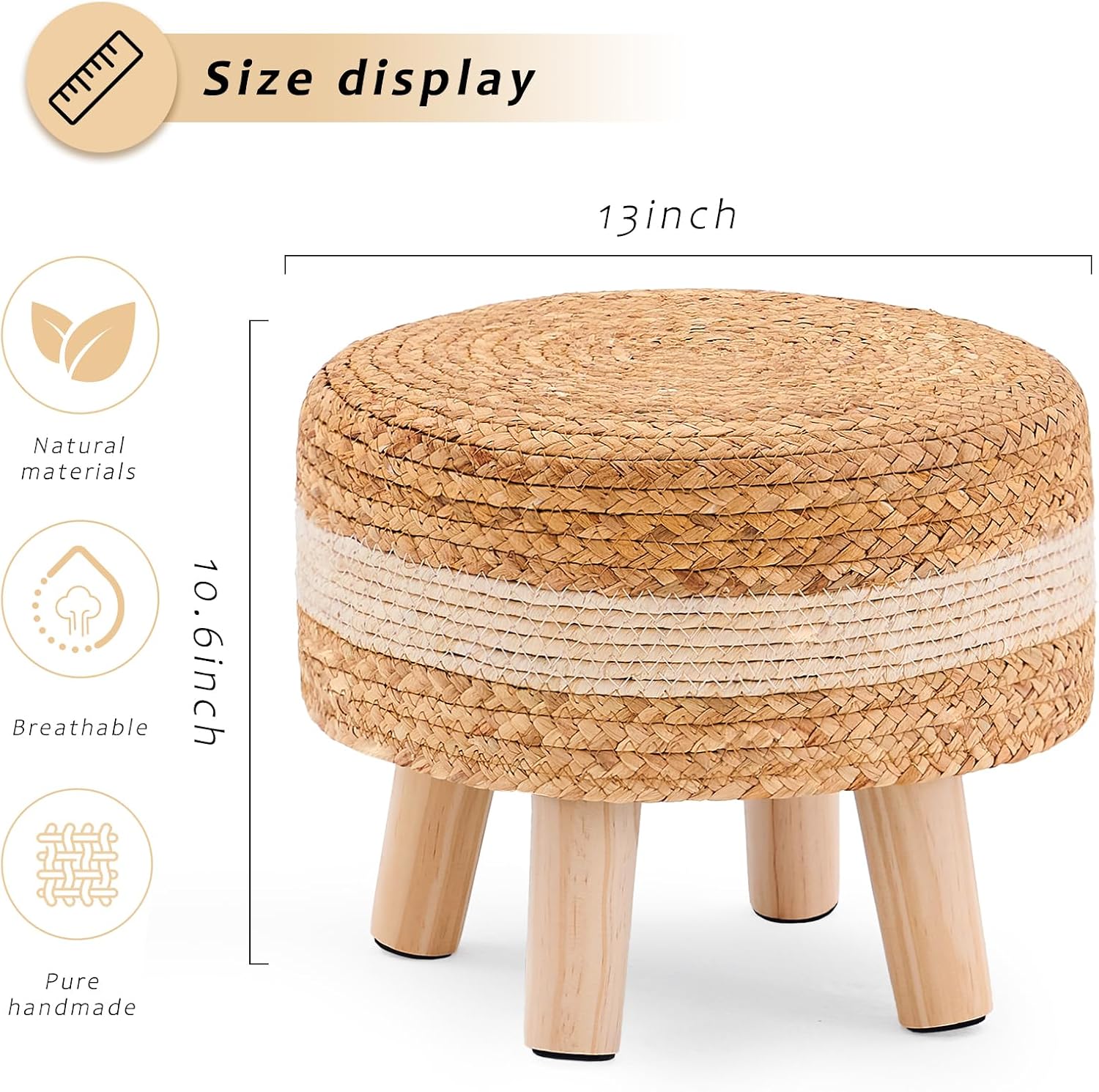 Handwoven Round Ottoman, Natural Water Hyacinth Outdoor Patio Pouf Seagrass Low Stool with Wood Legs, Soft Padded Footrest for Living Room Bedroom Garden, White