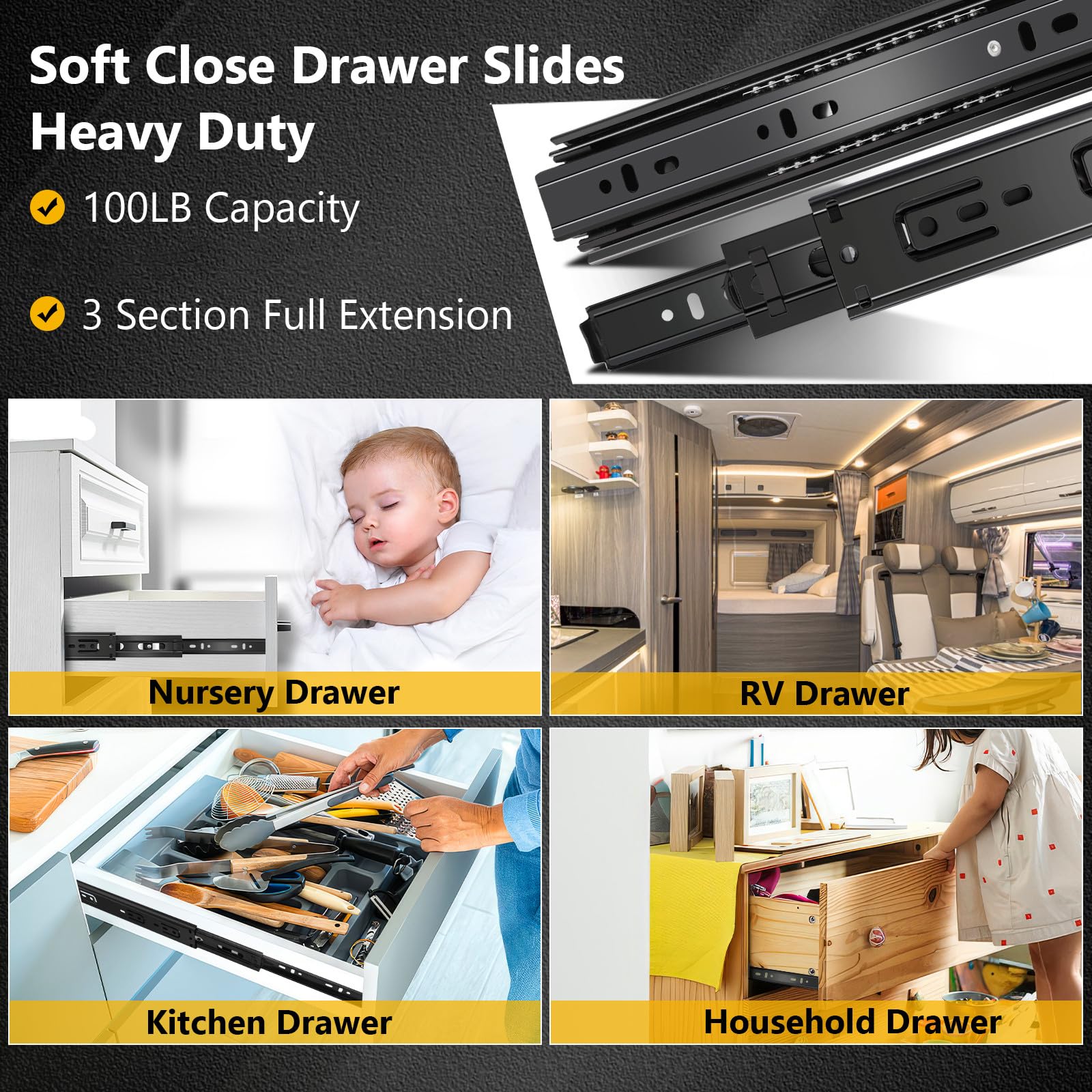 6 Pairs 20 Inch Ball Bearing Drawer Slides - 100LB Capacity, Full Extension, Side Mount