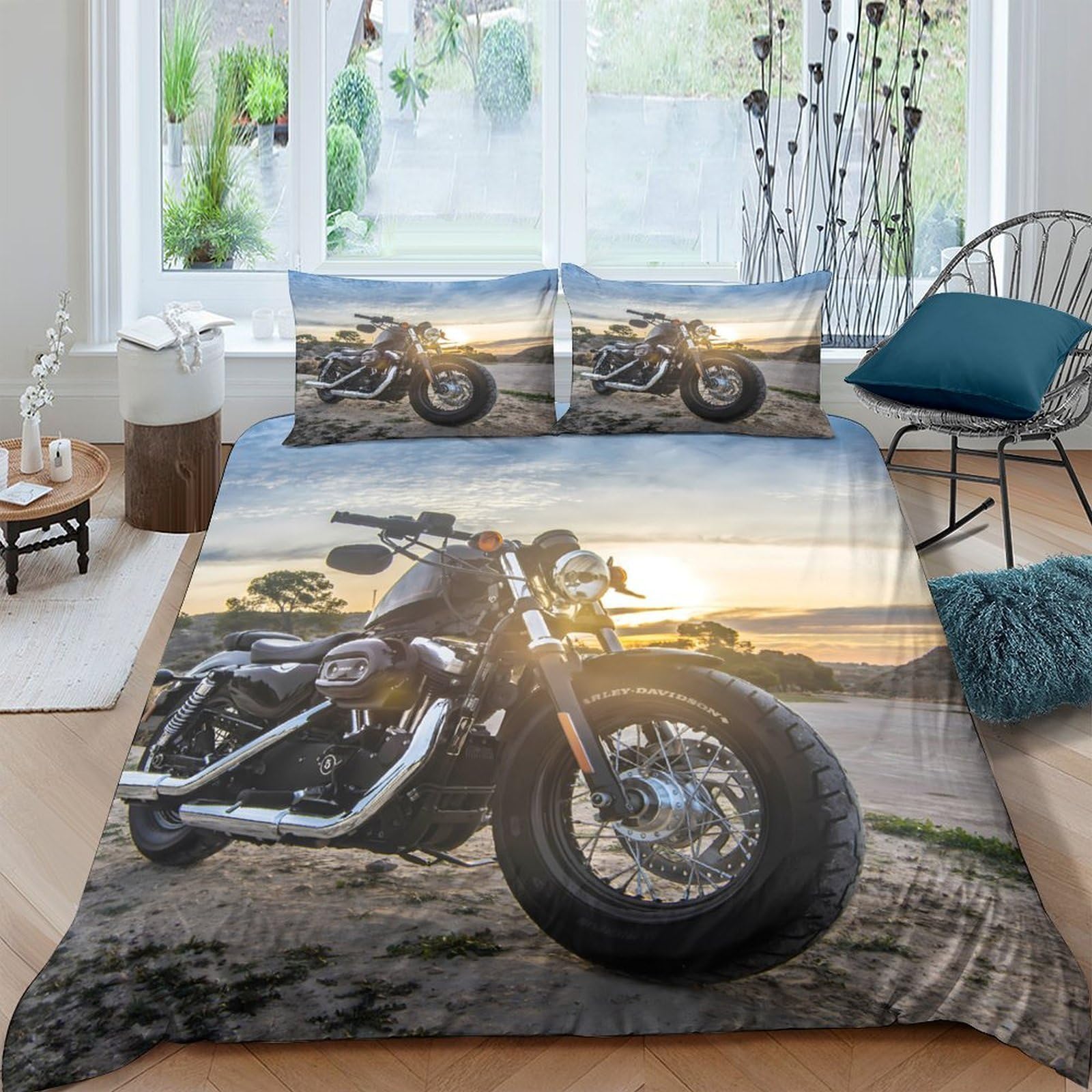 Ctjqhvkz Style-4 3D Printed Motorcycle Sunset Fitted Sheet Microfiber Bed Cover Anti-Slip Machine Washable For Bedroom Decor Dorm Guest Room Single（135X200cm）