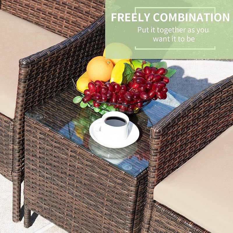 Greesum 3 Pieces Patio Furniture Sets Outdoor PE Wicker Chairs,Beige image 6
