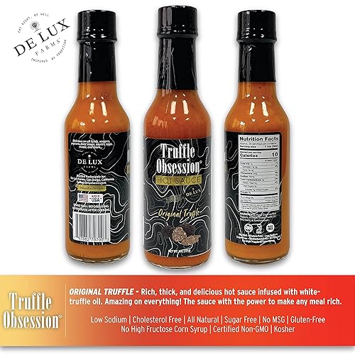 Miniatura 5 de De Lux Farms -Truffle Obsession - Salsa picante gourmet (original, de calor suave) - Salsa picante certificada Kosher hecha con pimientos de cayena