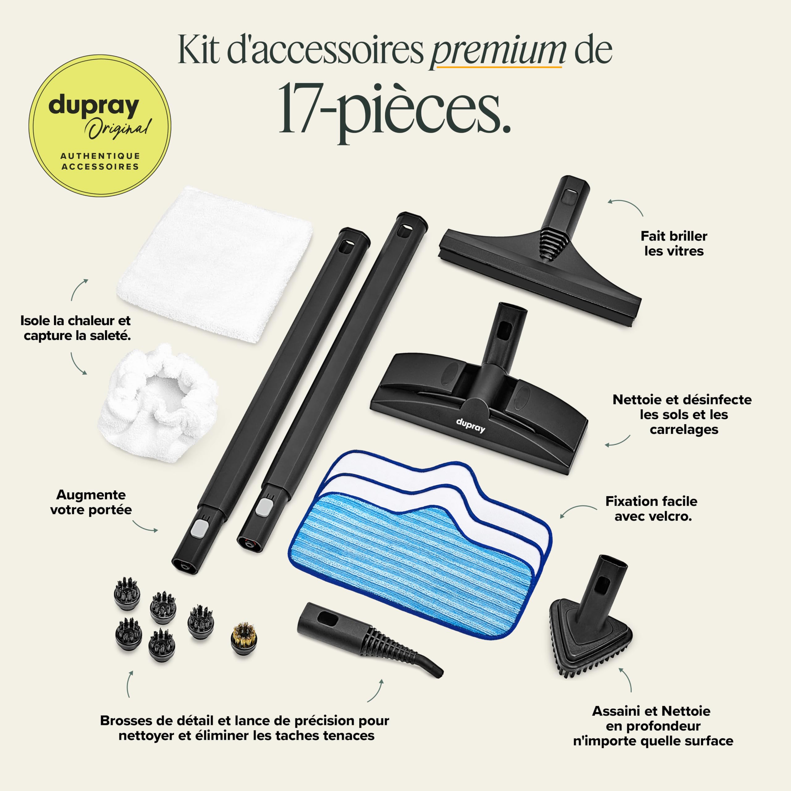 Dupray Neat Plus – Nettoyeur Vapeur Polyvalent Haute Performance avec 17 Accessoires Inclus pour Sols, Carrelage, Joints, Tapis, Canapés, Maison et Plus (Neat Plus + 17 pieces)