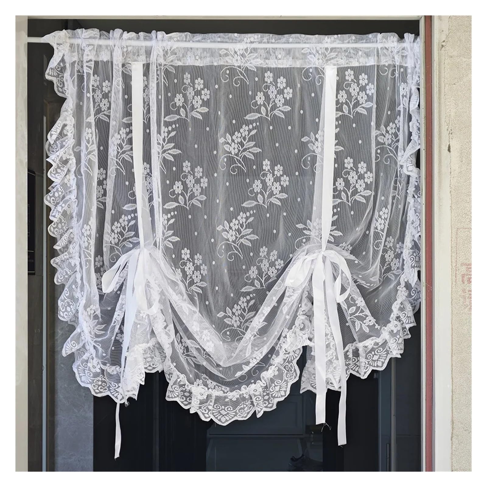 DFGRGRV Ruffle Curtains 1 Panel White Lace Flower Balloon Curtains, Small Window Vintage Ruffle Farmhouse for Kitchen Net(1PC W140 x H160 cm)