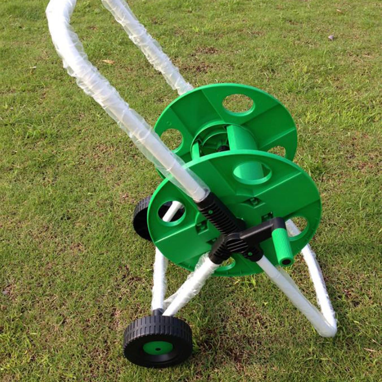 Soporte para manguera de agua resistente, carrito para carrete de manguera de jardín con guía de manguera integrada, soporte móvil con ruedas, capacidad para manguera de 50 m (164 pies) y 1/2", cons