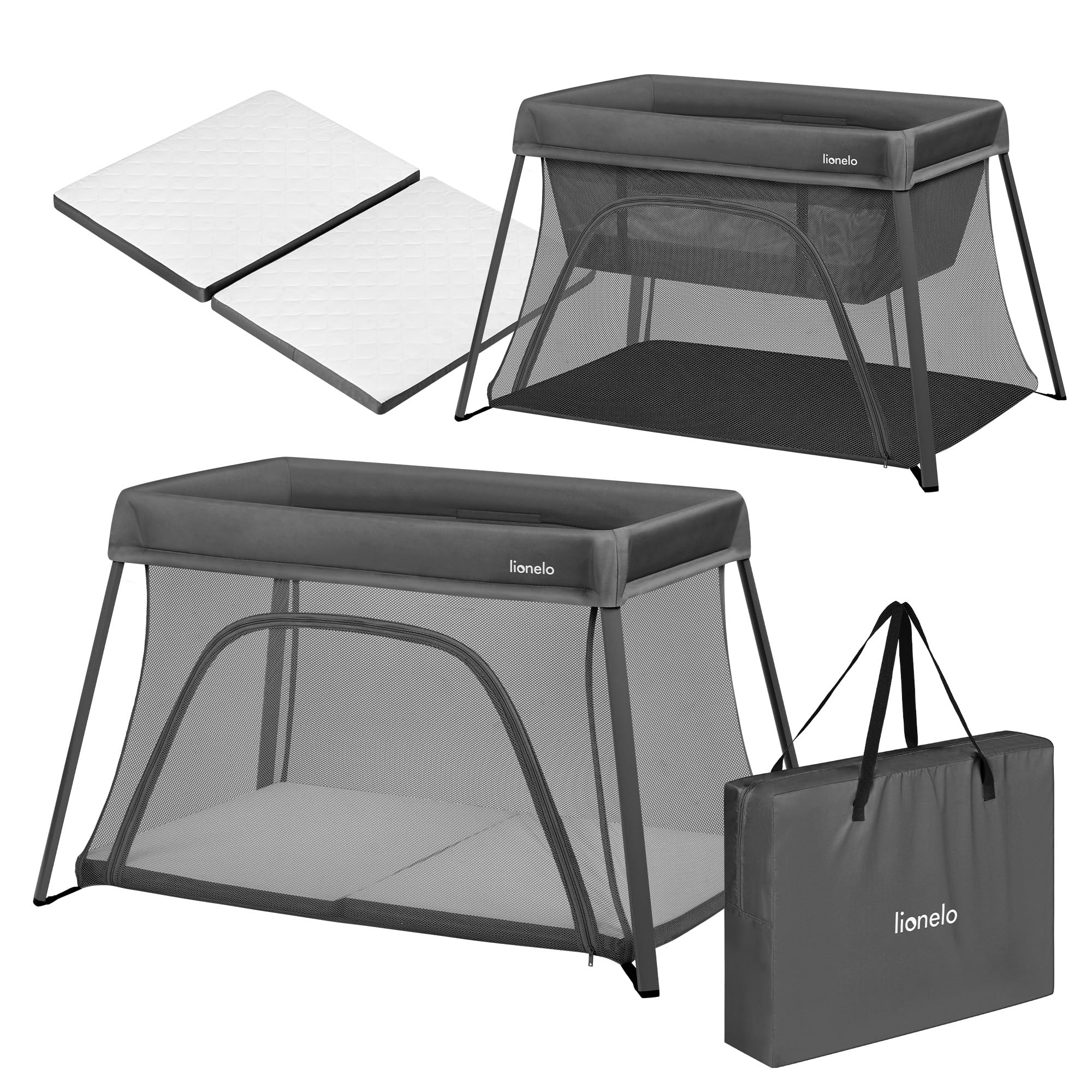 lionelo Cuna de Viaje Parque Cuna Bebe 3 en 1 Alice de 0 a 15 kg Colchón de Espuma, 2 Niveles de Altura, Plegable, Pequeña, Ligera, Entrada Lateral, Bolsa de Viaje