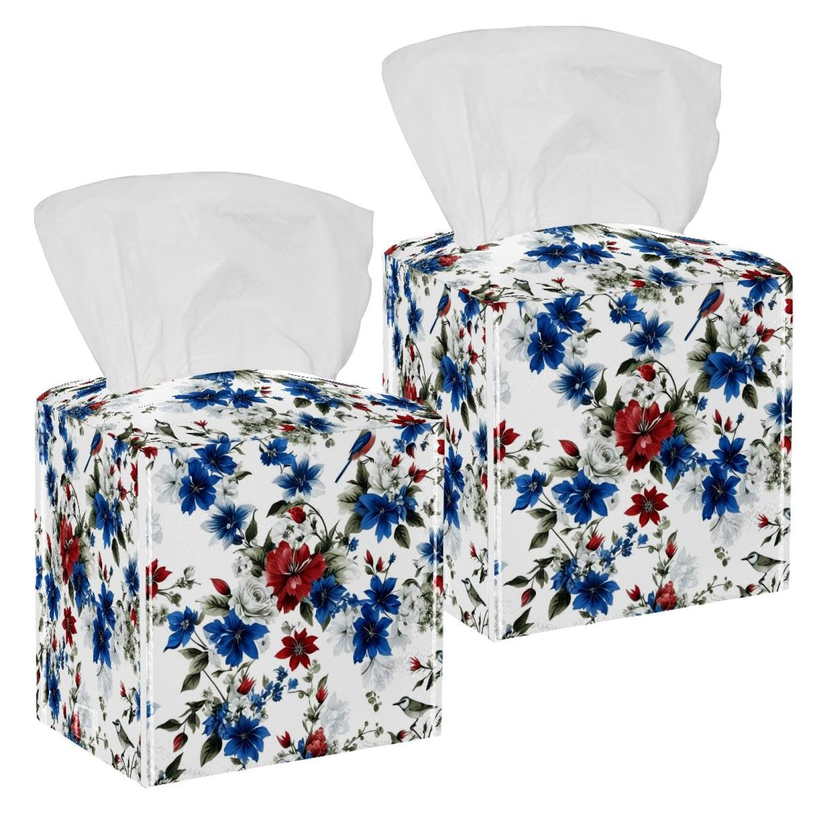 Aesthetic Flower Tissue Box Cover, 2 Pack PU Leather Square Facial Tissue Dispenser Box holder for Home Office Car