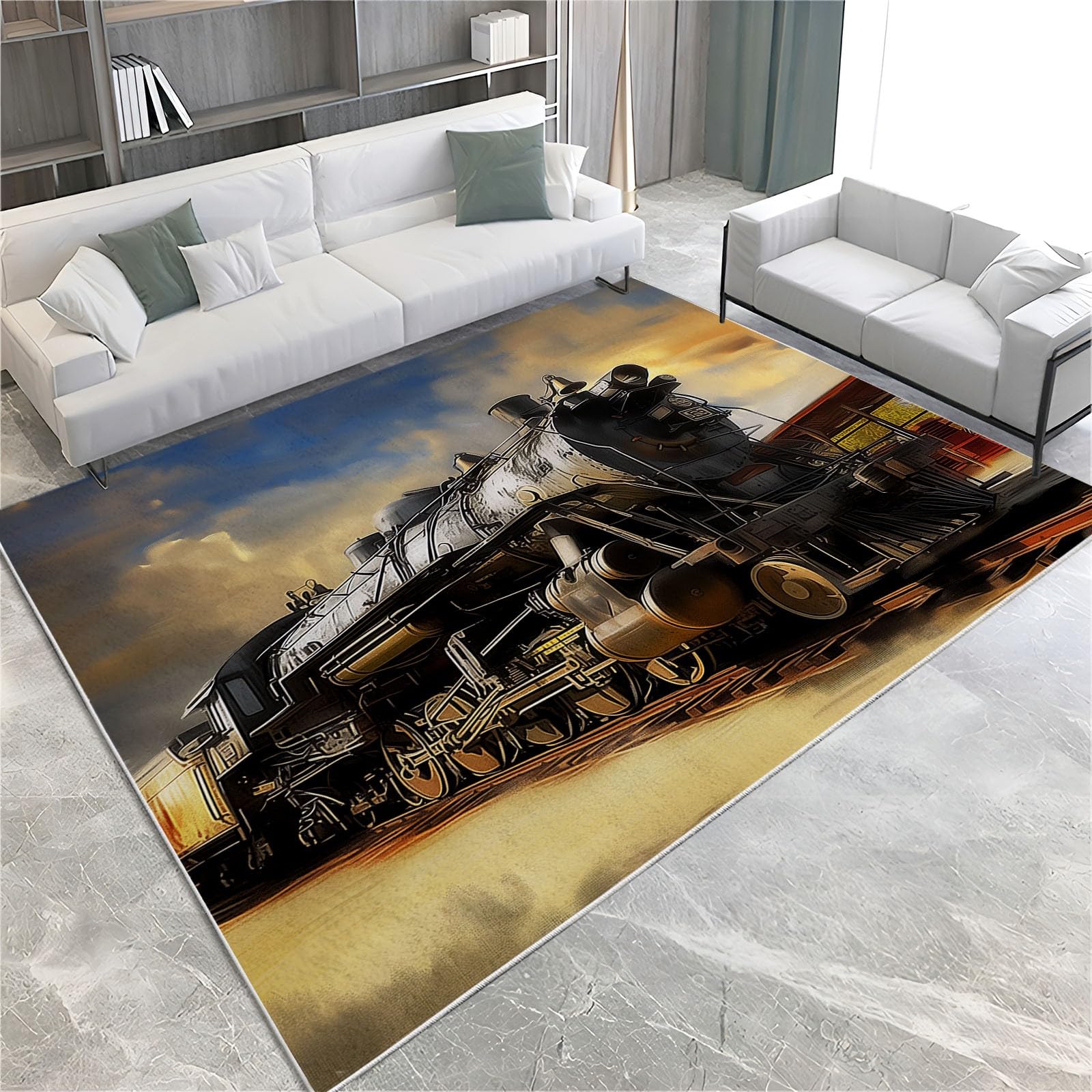 Style Peinture l'huile Tapis Lavable en Machine 160x230 cm Moquette Vieux Train Vapeur Poils Courts Doux, Tapis Intérieur Antidérapant Résistant pour Salon Chambre Chambre d'enfant et Entrée