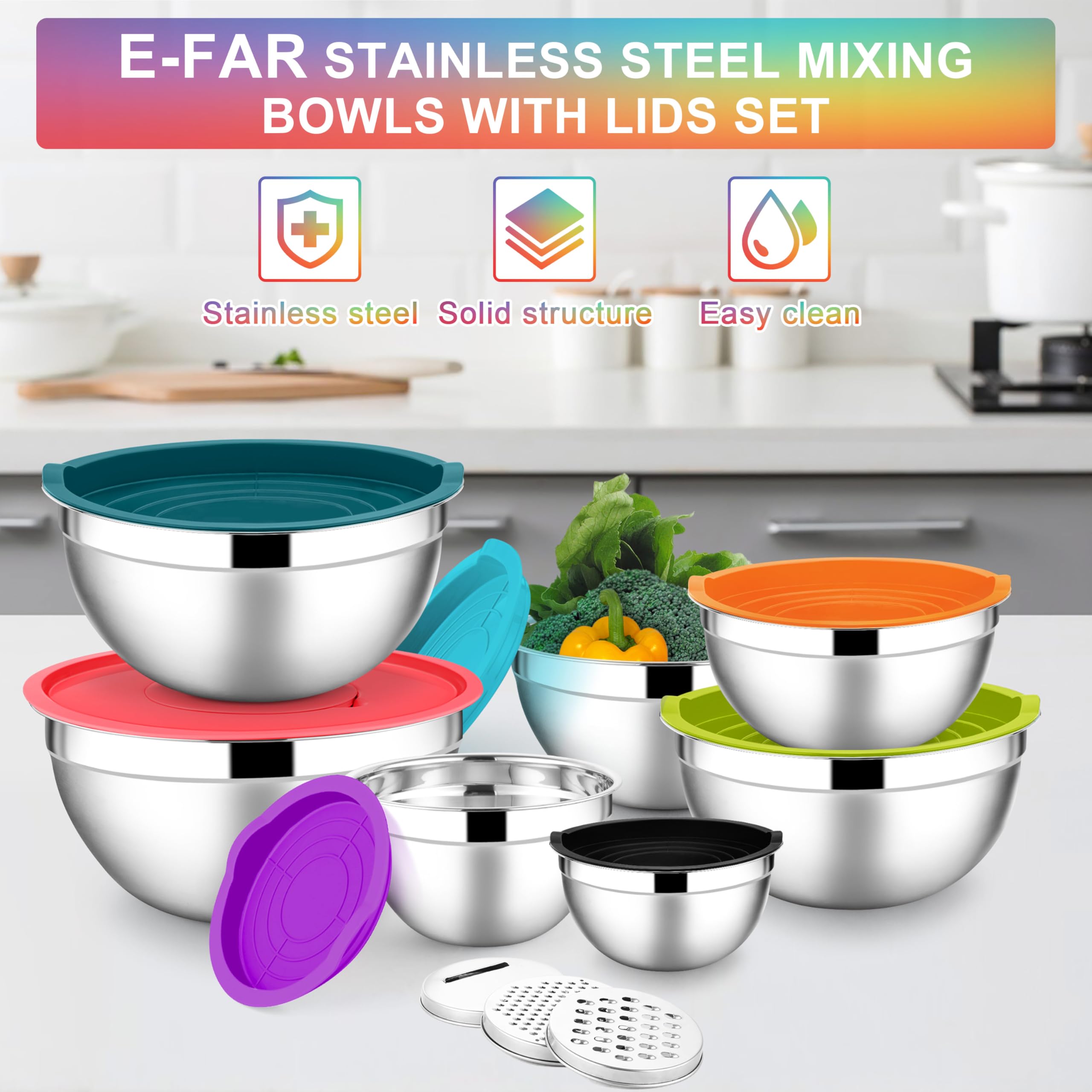 E-far Juego de cuencos para mezclar con tapas, 7 cuencos de acero inoxidable con 3 accesorios de rallador, tamaño 4.6, 3.5, 2.6, 2, 1.5, 1, 0.7 cuartos de galón, cuenco de metal anidable y tapa