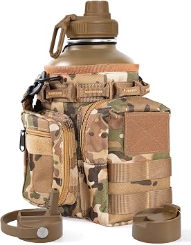 Tactical Half Gallon Water Bottle with Straw, 64 Oz Insulated Water Jug with Molle Water Bottle Holder, Stainless Steel Sport Bottle with 3 BPA Free Lids for Gym Workout Hiking 64oz-Brown