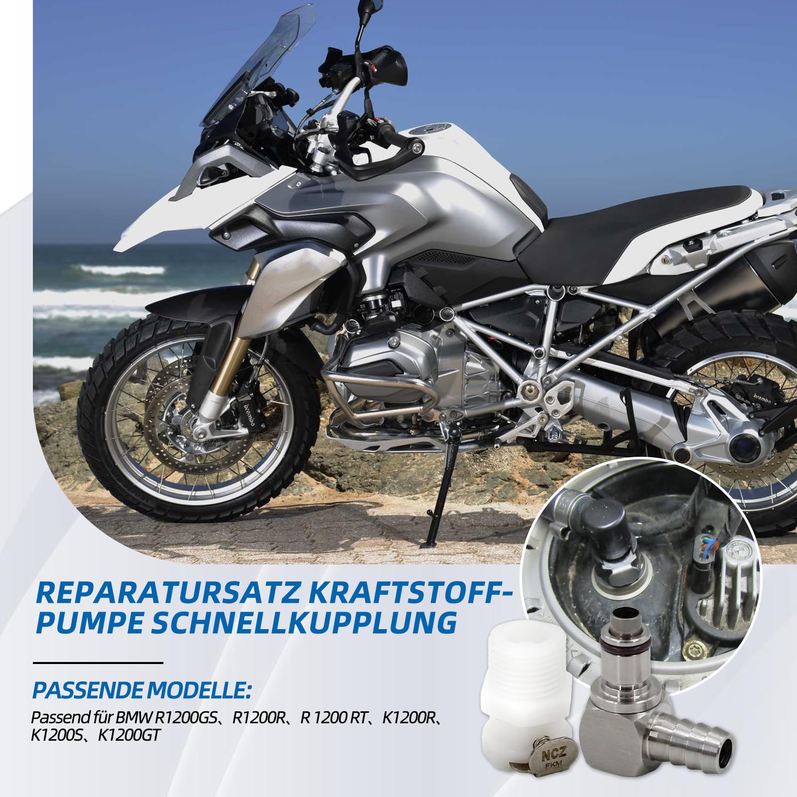 Raccord rapide pour pompe à carburant R1200GS, R1200R, R 1200 RT, K1200R, K1200S, K1200GT et autres modèles.