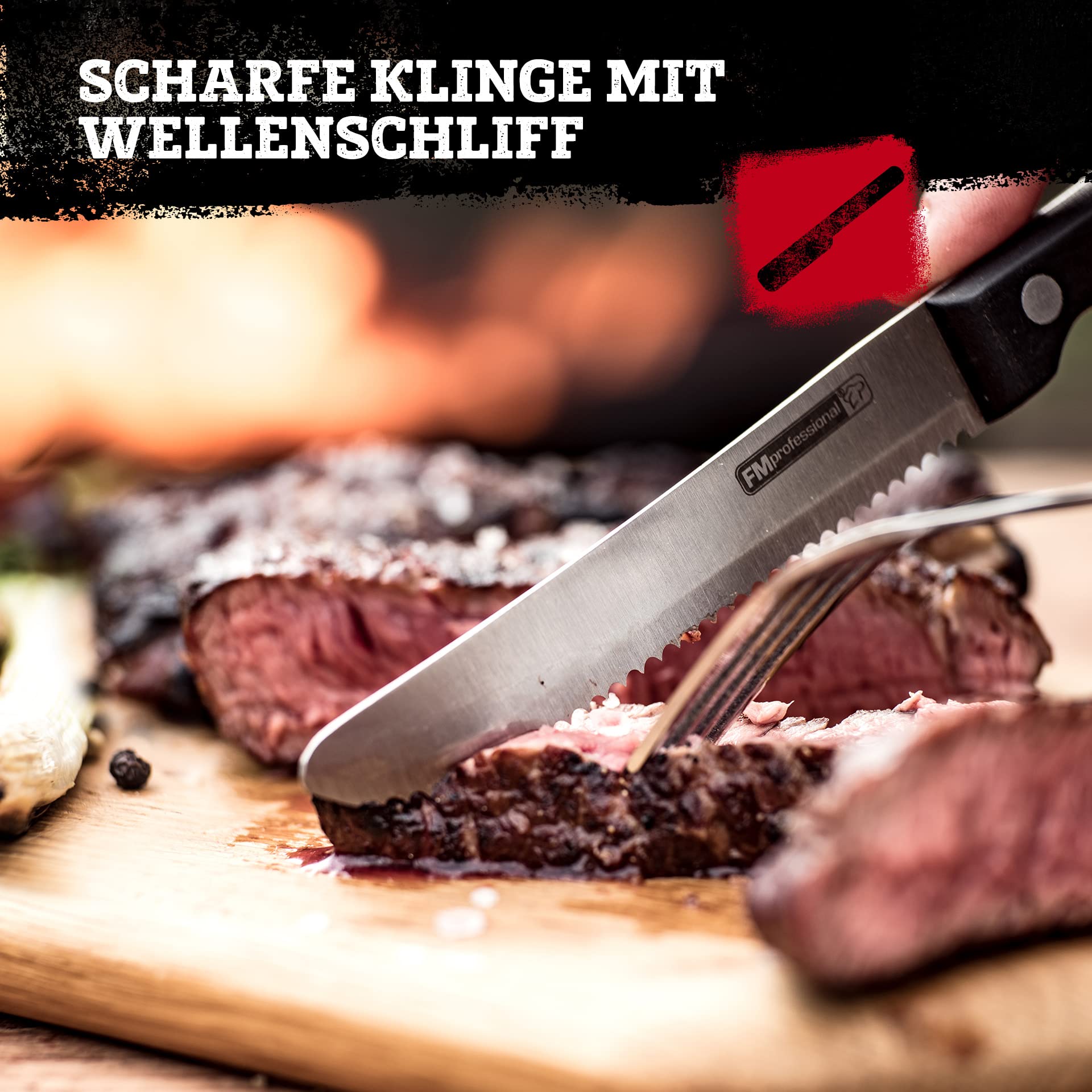 FMprofessional 60x Steakmesser mit Wellenschliff by Fackelmann – Scharfes Messer für Steak und Pizza – Langanhaltend scharfe Klinge für Gastro & Hobby-Köche