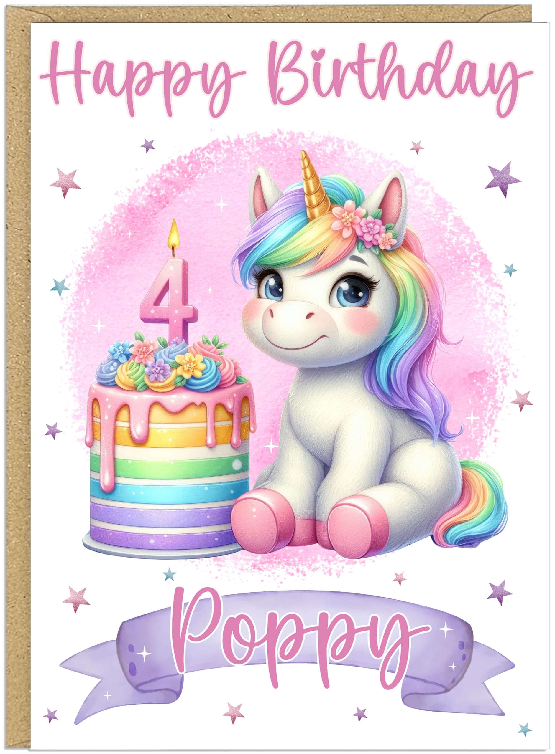 Personalised Cute A5 Unicorn Happy Birthday Cards for Little Girls - Custom Own Name & Age 1-12 Years Designs - Cute Girly Greeting Cards For Her (Age 4)