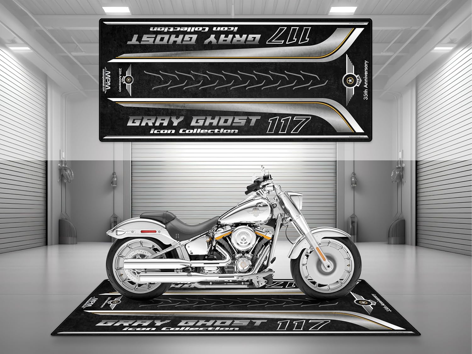 MPM Motorcycle Mat for Cruiser Motorcycle Gray Ghost Icon Collection 35th Anniversary Washable Non - Slip Oil & Water Resistant Parking Pitmat for Garage, (Size 2: 102 x 47/260 x 120 cm)