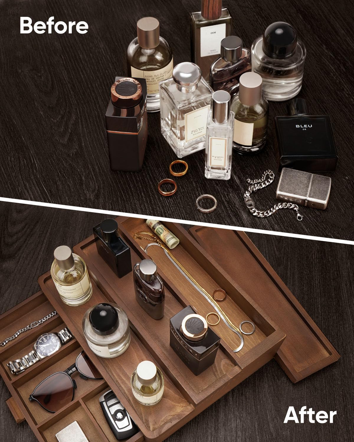 Organiseur de Cologne pour homme, support de Cologne en bois à 3 niveaux avec tiroir de rangement et compartiment caché, support de Cologne pour commode, excellent cadeau pour homme, marron