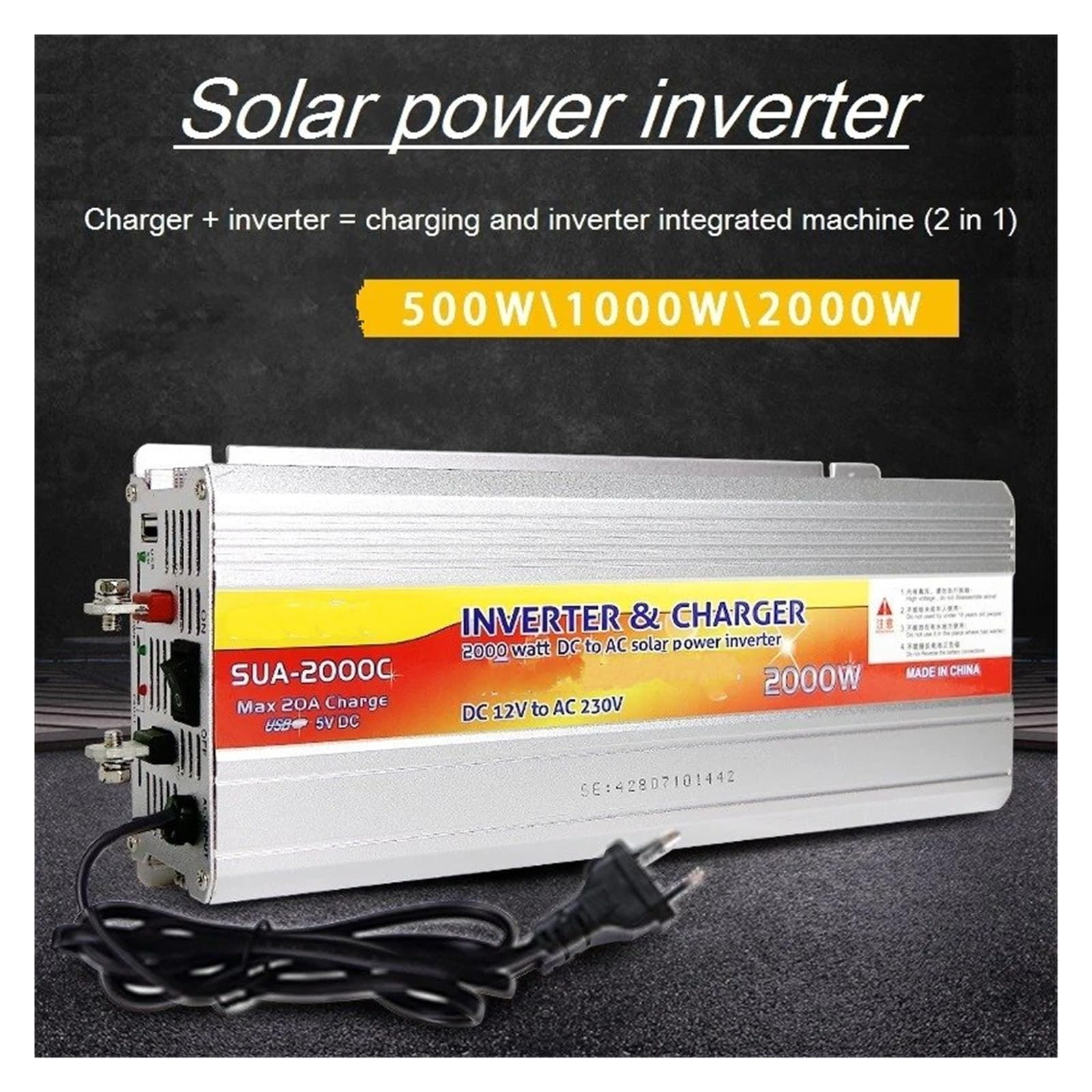 Transformador Inversor Solar Híbrido De 12 V Y 220 V, Cargador, Transformador De Voltaje, USB, 500 W, 1000 W Y 2000 W, Adaptador para El Hogar. Inversor(12V 2000W)
