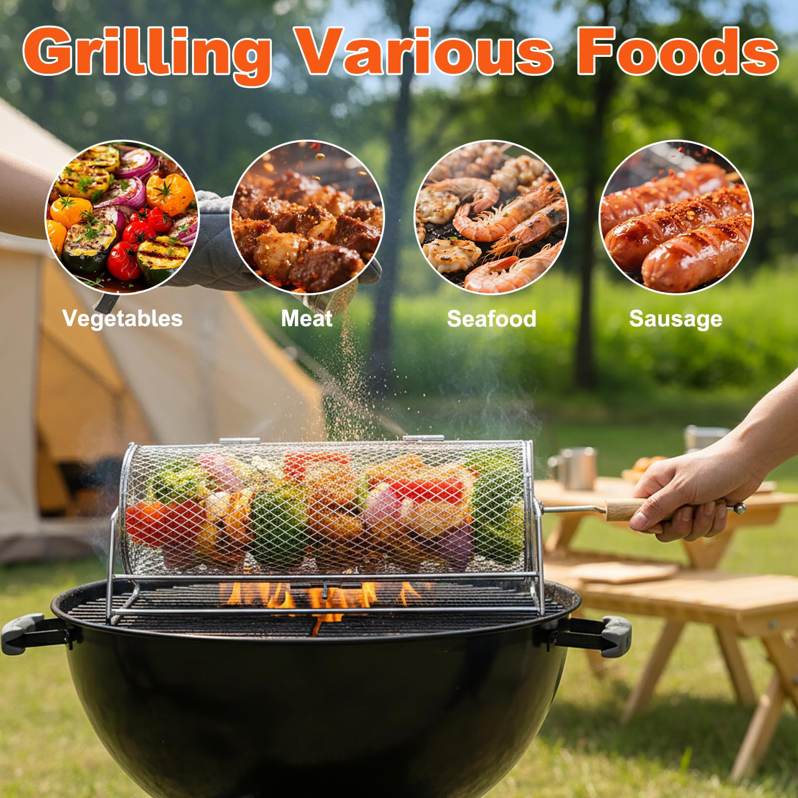 Cestino per Barbecue Girevole, Acciaio Inossidabile 304, Manico in Legno Rimovibile, Cestello per Griglia Impilabile, Accessori BBQ per Verdure,Frutti Mare,Campeggio, Regalo per Papà, Uomini