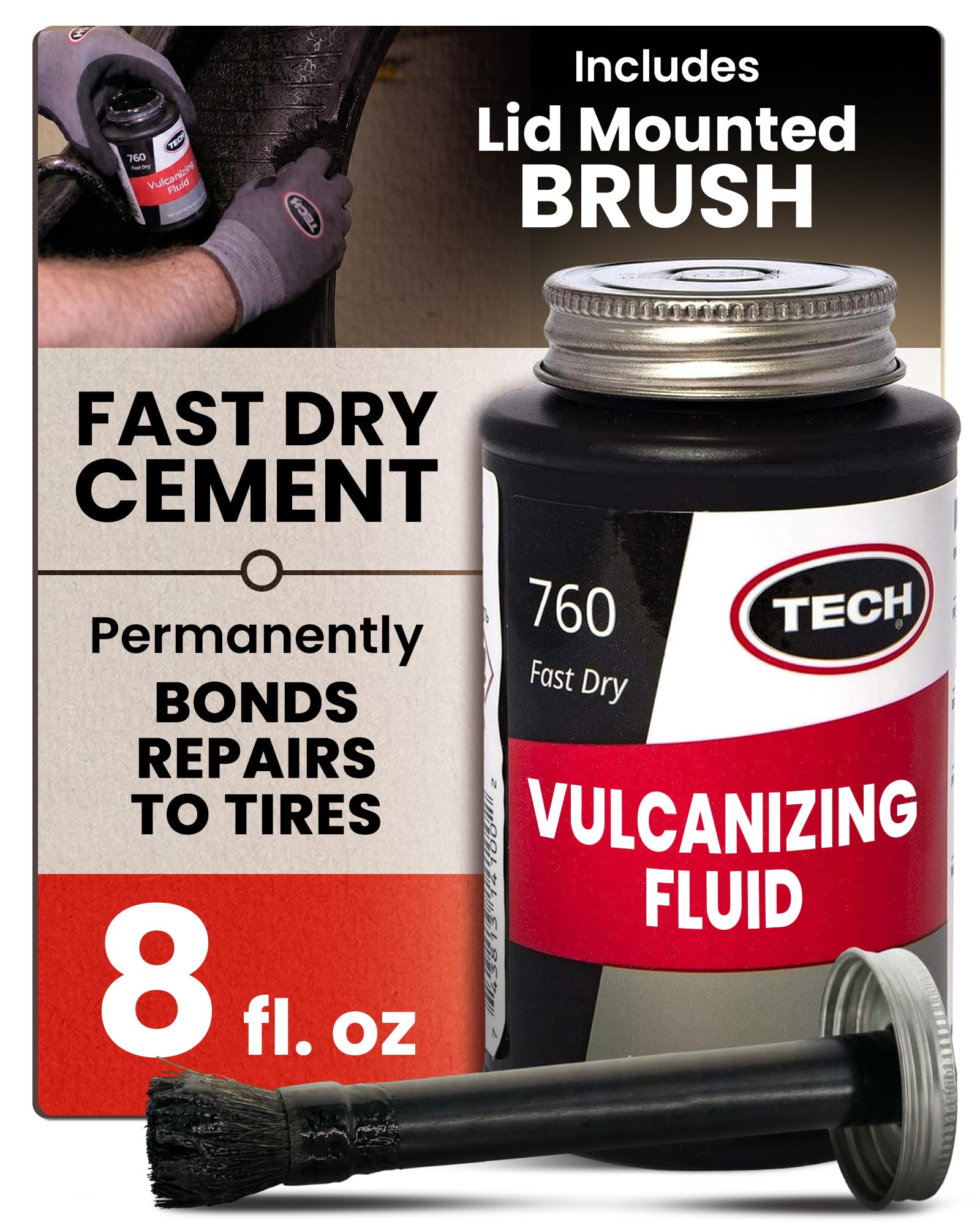 TECH Chemical Vulcanizing Fluid, 8 Fl Oz – Rubber Cement for Permanent Bonding of Plugs, Patches, and Cap Fixes, Ideal for Sidewalls, Treads, and Shop Use, Fast-Drying Adhesive