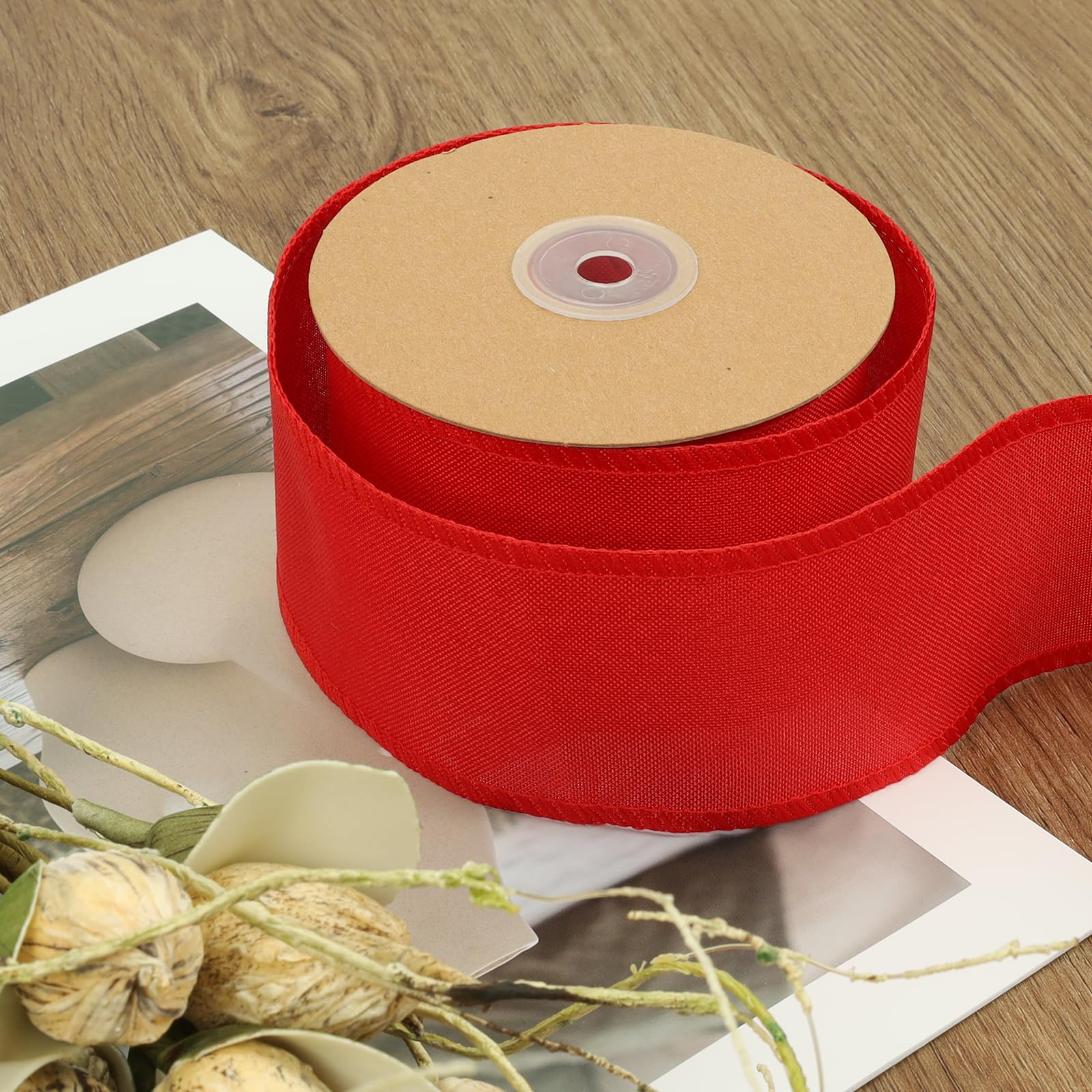 LaRibbons Rotes Leinenband, 6,4 cm x 12 m, Juteband mit Drahtrand, für Kränze, Schleifen, Basteln, Geschenk, Weihnachtsbaumdekoration, Heimdekoration