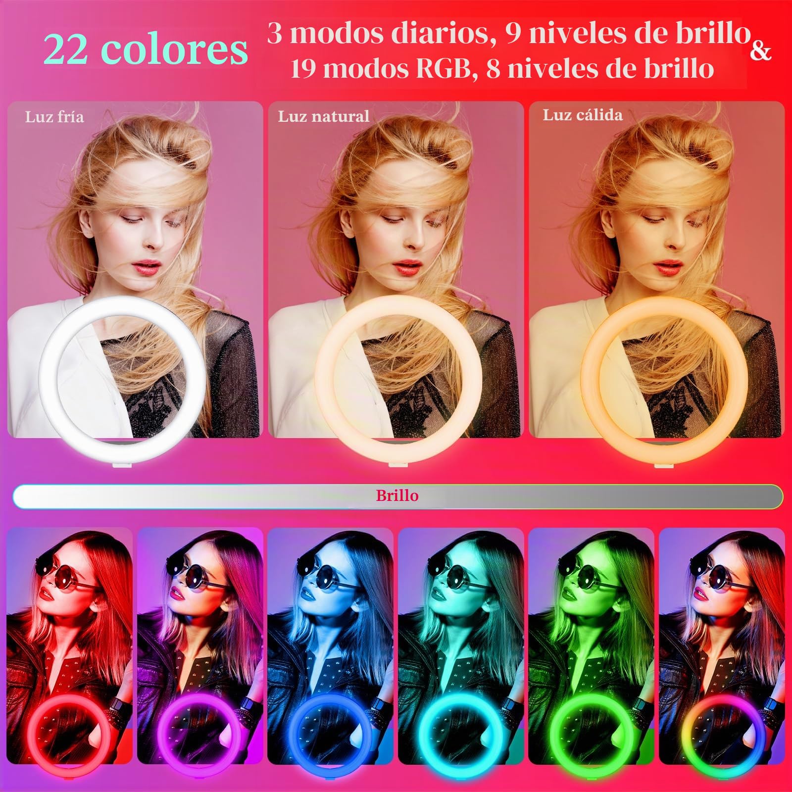 Aro de Luz con Tripode, 10" Ring Light con Modo RGB y Control Remoto – Ideal para Selfies, Vídeos, Fotografías y Transmisiones en Directo
