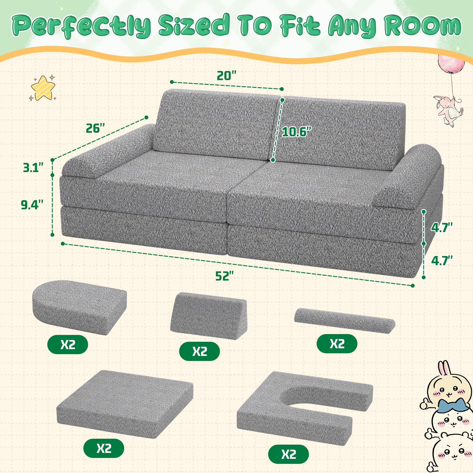 Sofá modular para niños con fundas lavables, sofá de espuma para juegos creativos, escalada y descanso, sofá convertible para niños, muebles de juego para habitación de niños o guardería 5