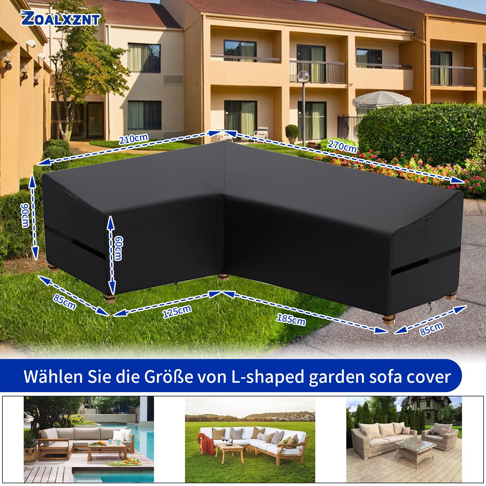 Funda Sofa Exterior Forma L Impermeable，Cubierta de Muebles de JardíN en Forma de L con Cordón， Hebilla Ajustable， Funda de Sofá de Esquina al Aire Libre 420D Oxford (210 * 270 * 60cm,Negro)