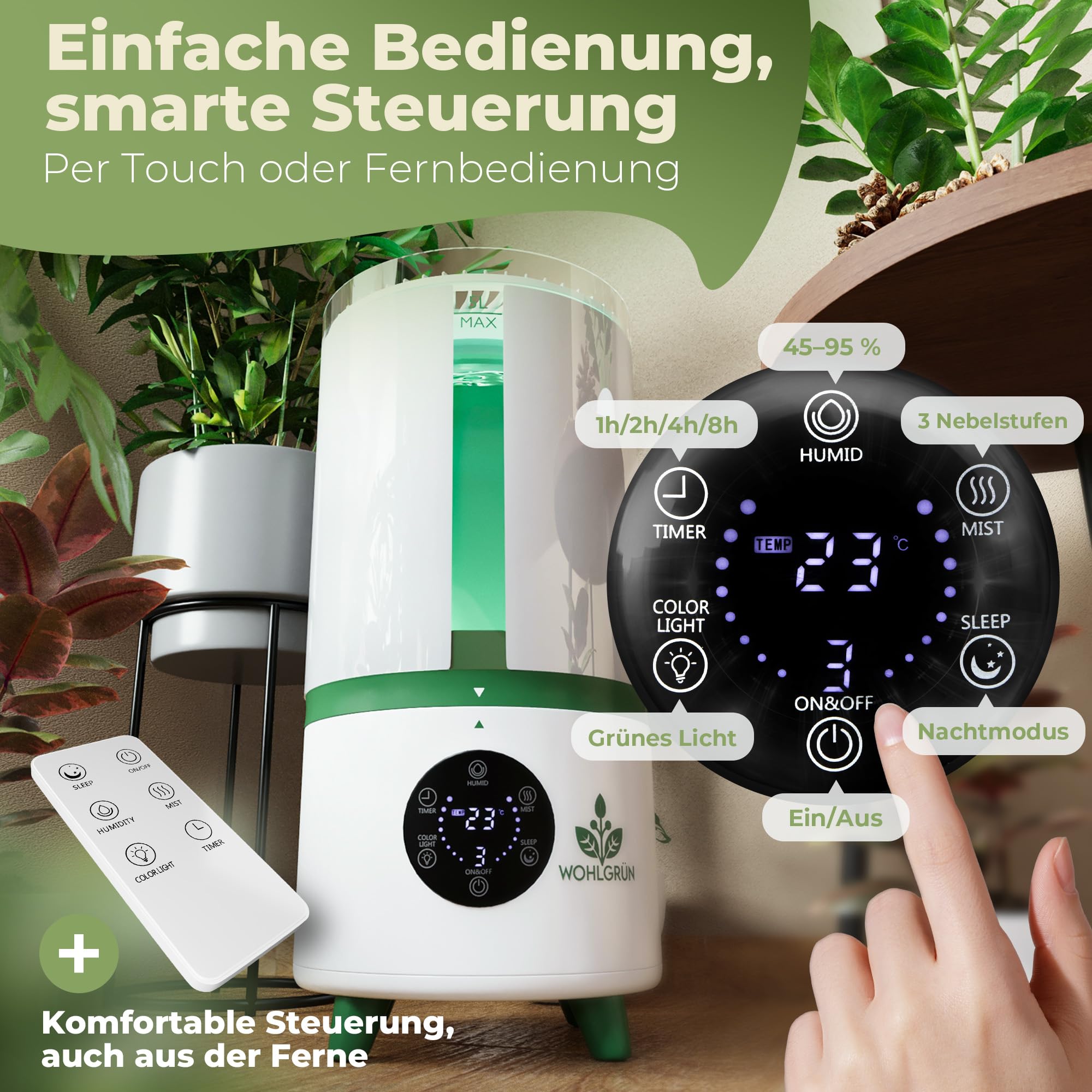 WOHLGRÜN TAU360 Ultraschall Luftbefeuchter 5L mit Hygrostat 360 Grad für Pflanzen Schlafzimmer Growzelt