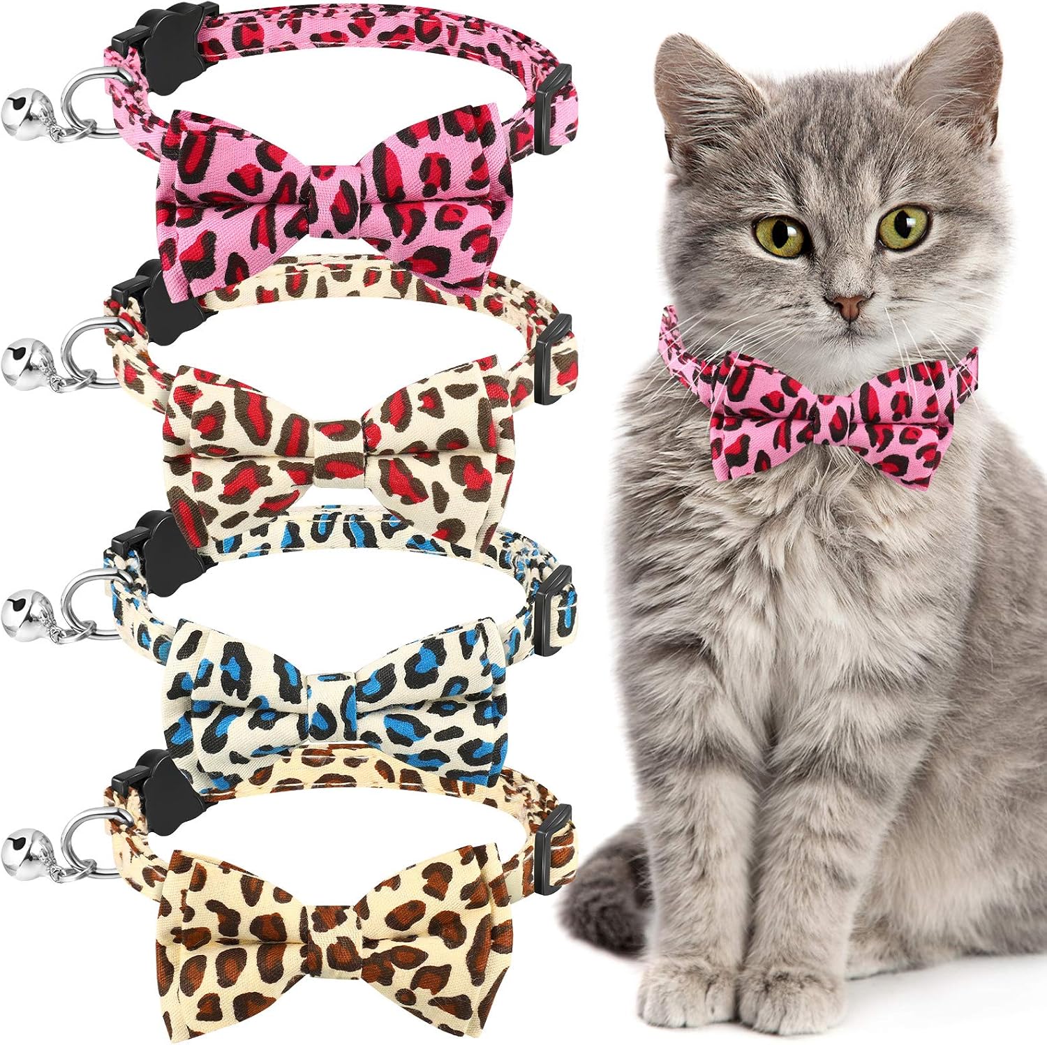 4 Pieces Breakaway Cat Collars Leopard Print Pet Collar with Removable Bell and Bowtie Adjustable Cute Safety Buckle Collars with…
